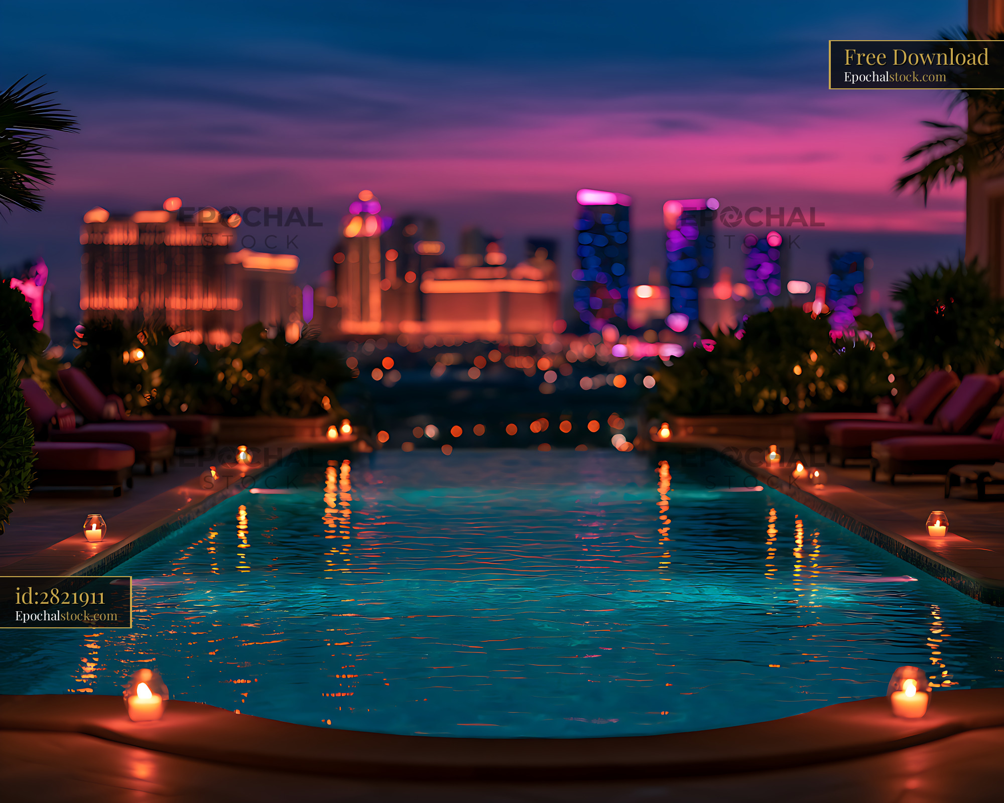 Watermarked full-resolution preview of Rooftop swimming pool with city lights at sunset