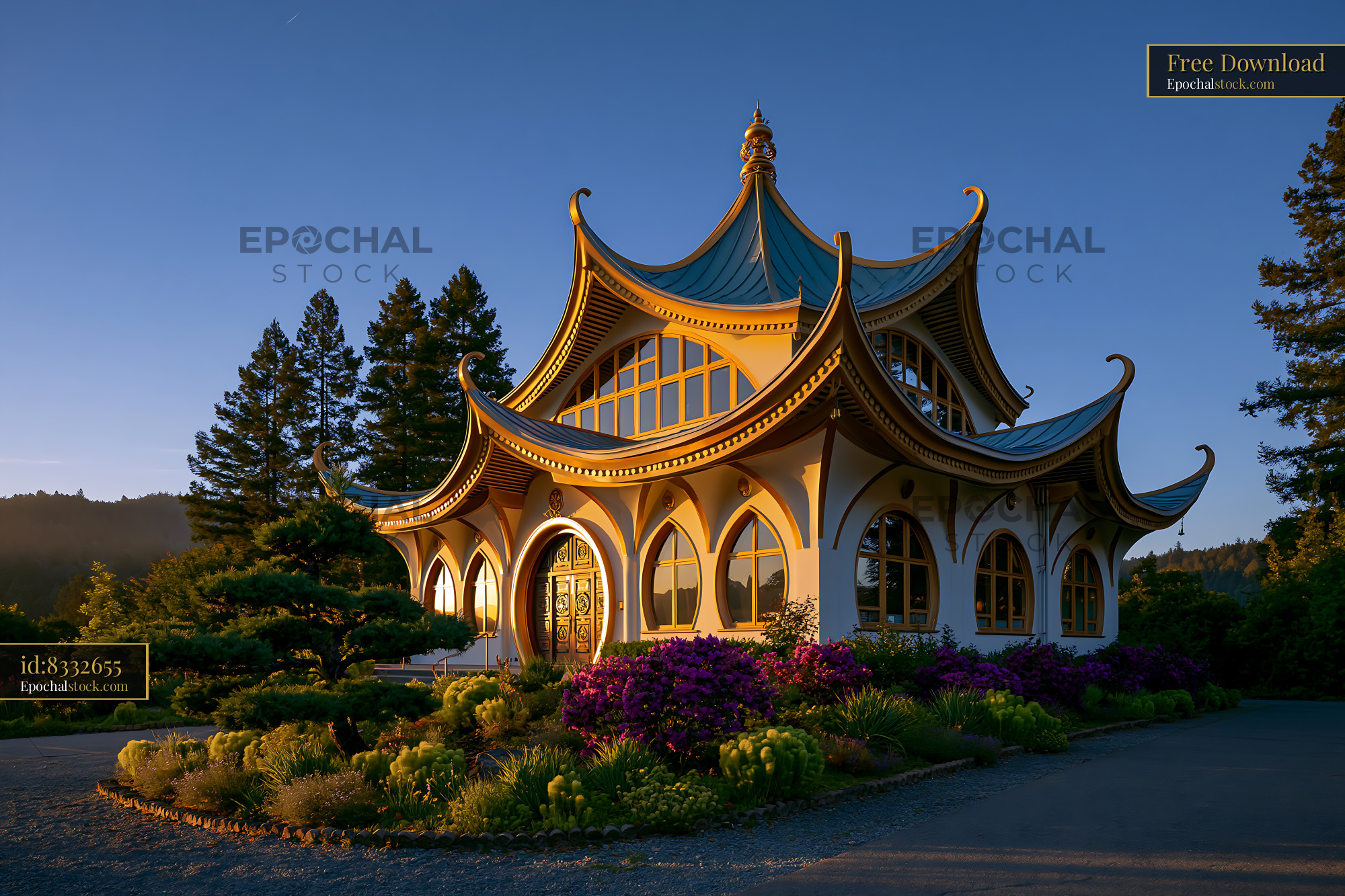 Watermarked full-resolution preview of Building with unique architecture surrounded by trees and flowers