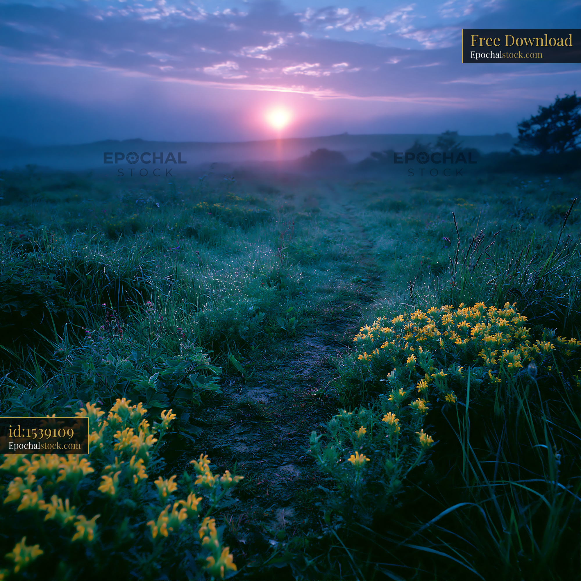 Watermarked full-resolution preview of Sunset over a meadow with yellow flowers