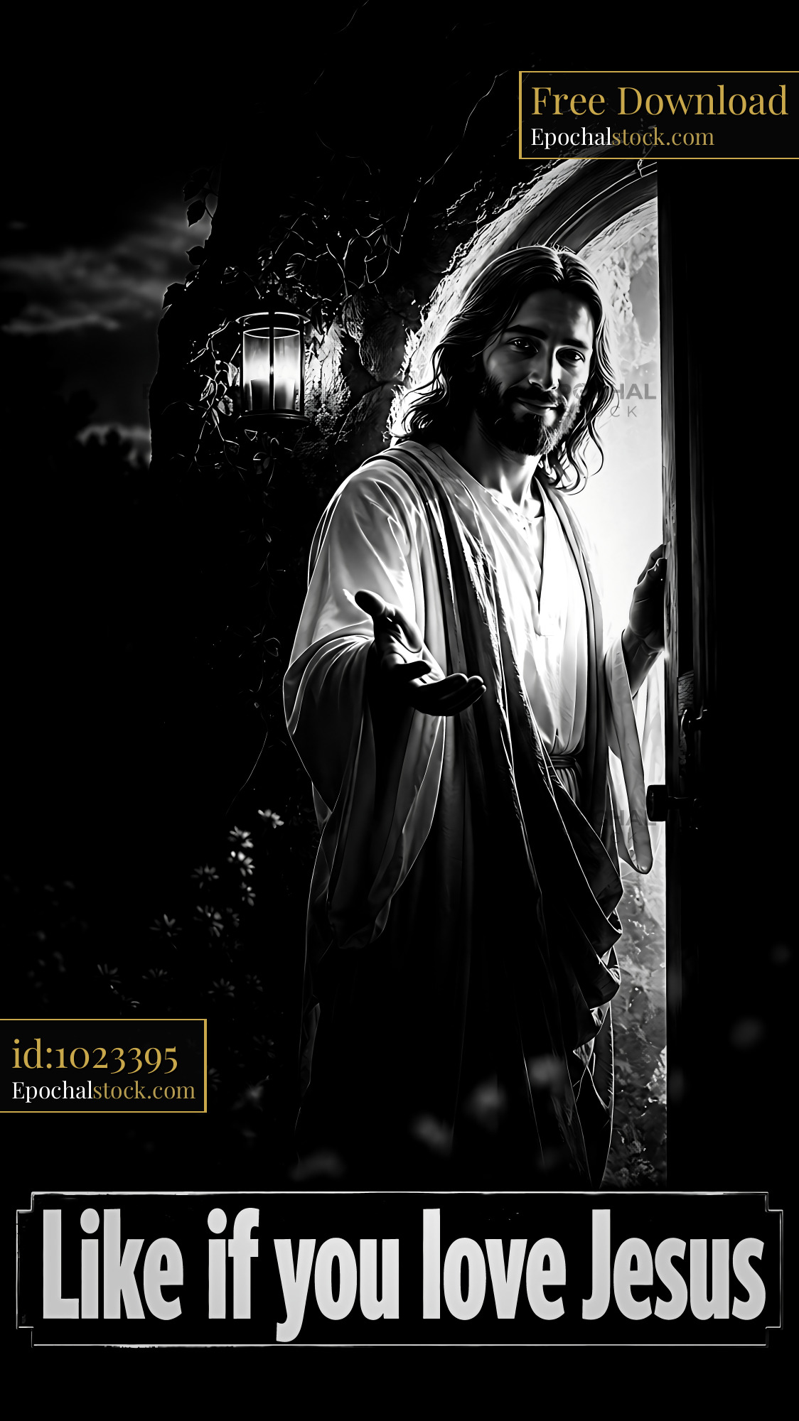 Watermarked full-resolution preview of Jesus standing at a doorway inviting viewers with an open hand