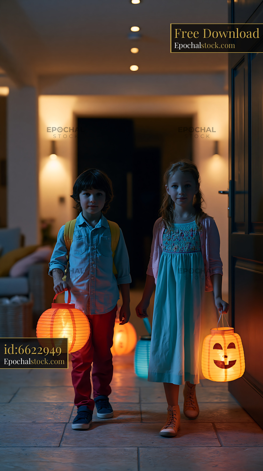 Watermarked full-resolution preview of Children walking with lanterns in a dimly lit hallway