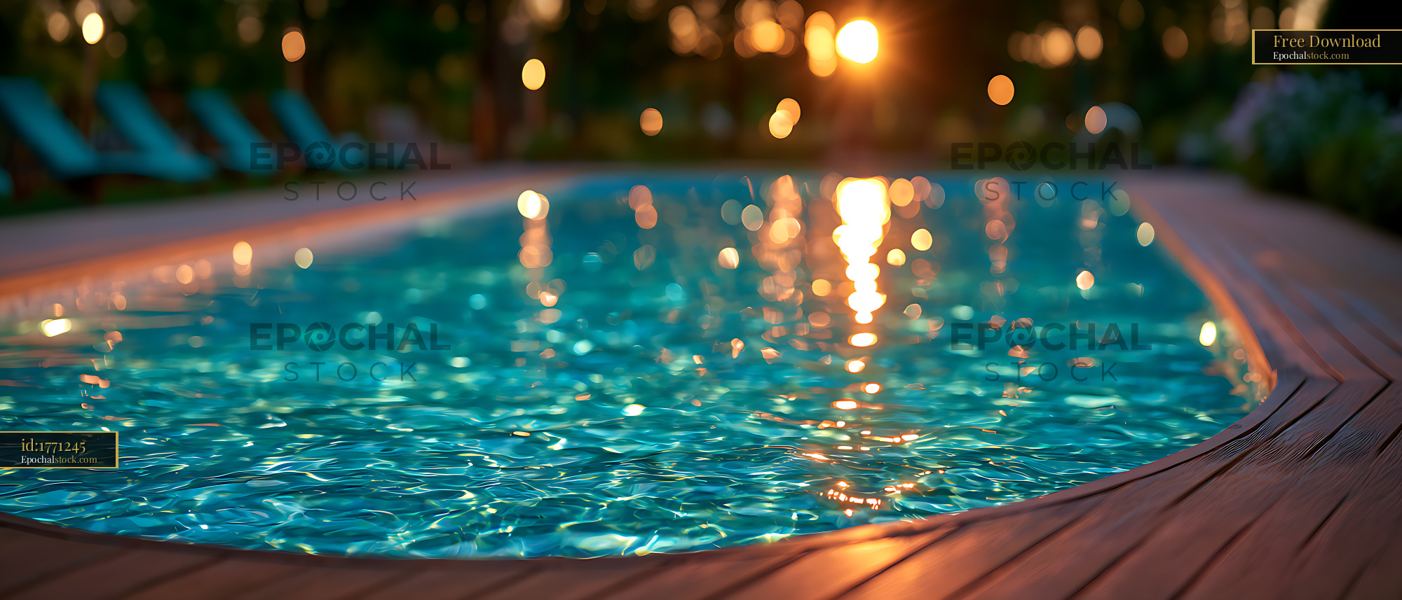 Watermarked full-resolution preview of Glowing sunset over a pool with reflective water