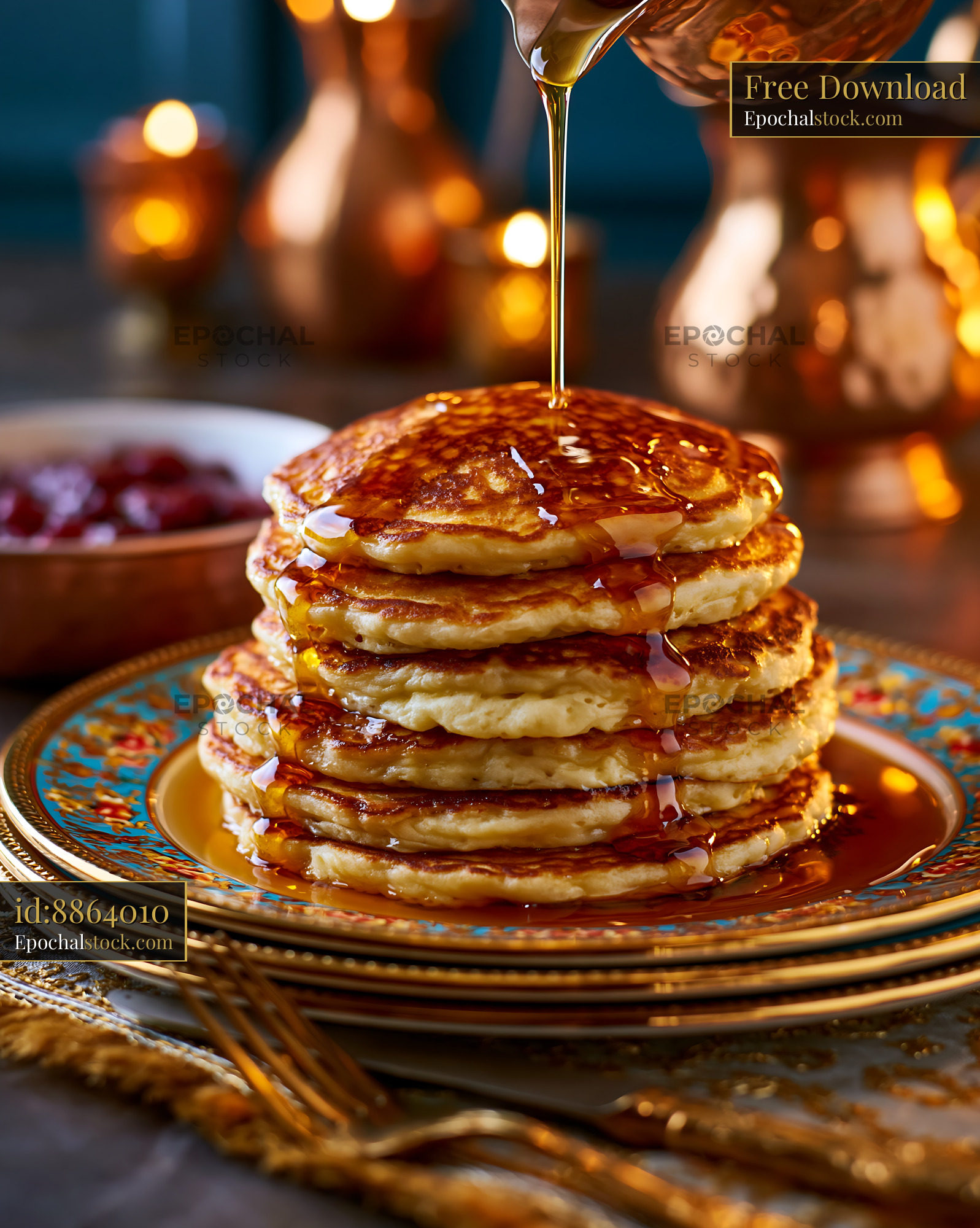 Watermarked full-resolution preview of Stack of pancakes with syrup on a decorative plate