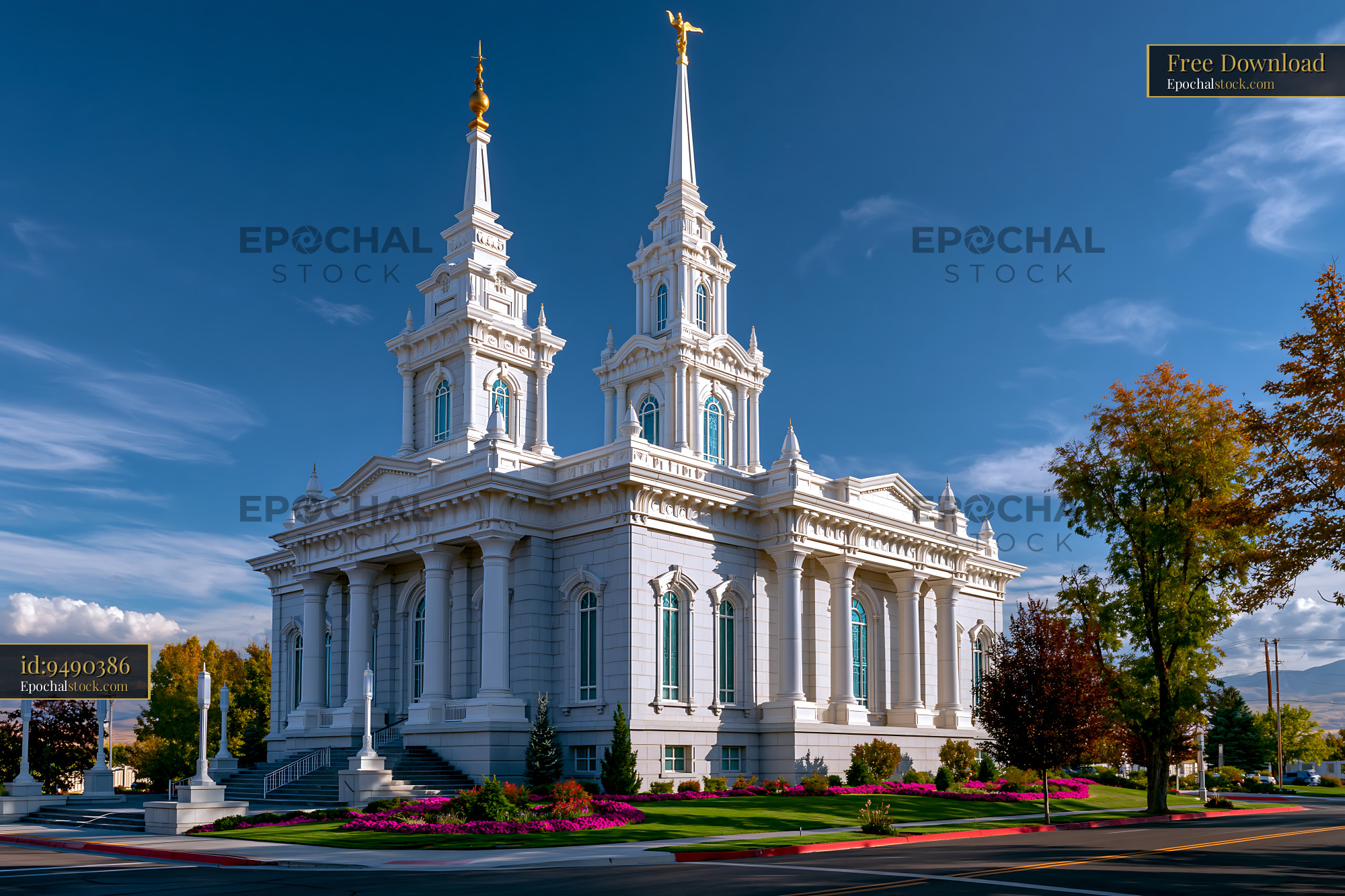 Watermarked full-resolution preview of White church building with tall spires and landscaped surroundings