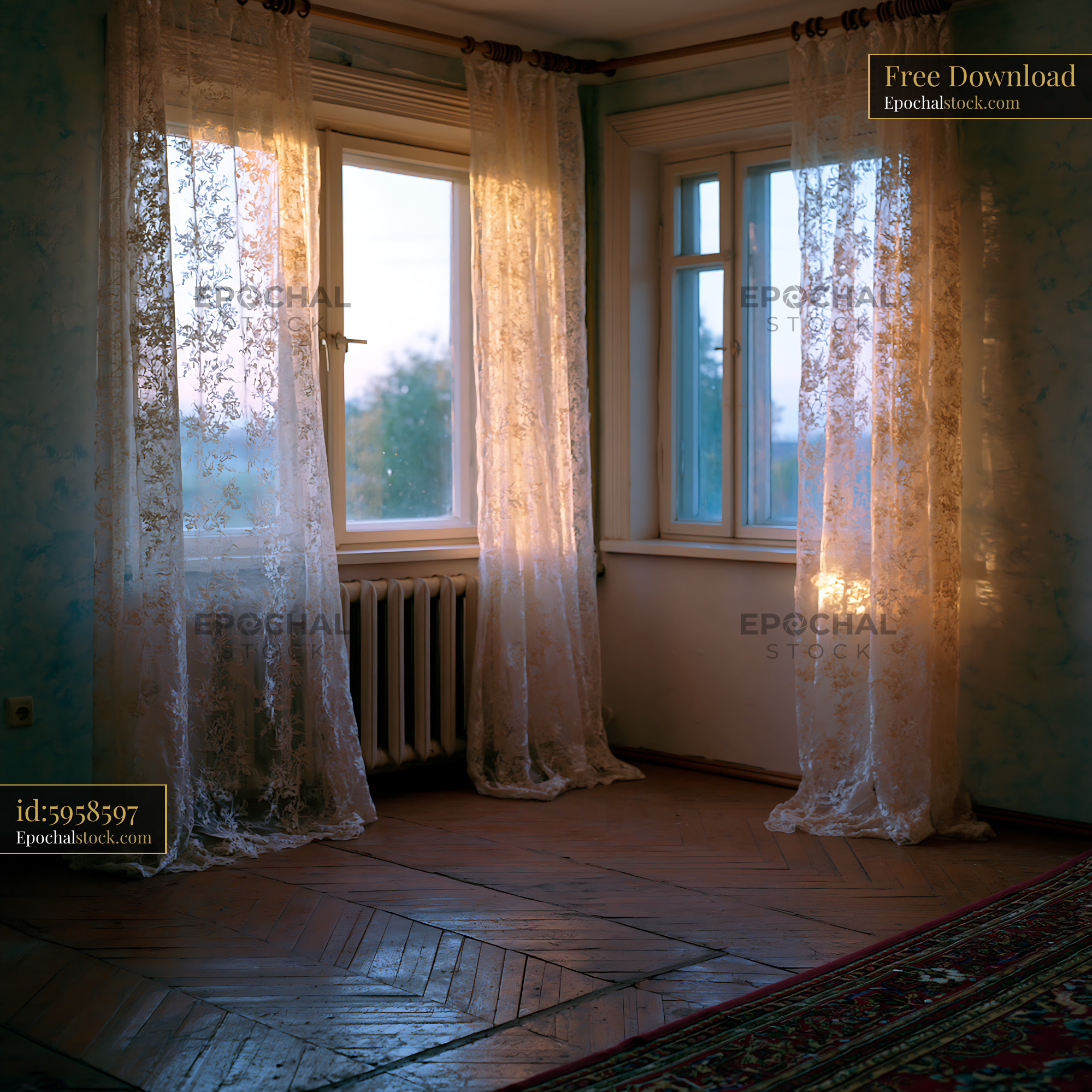 Watermarked full-resolution preview of Natural light streams through lace curtains in a quiet room