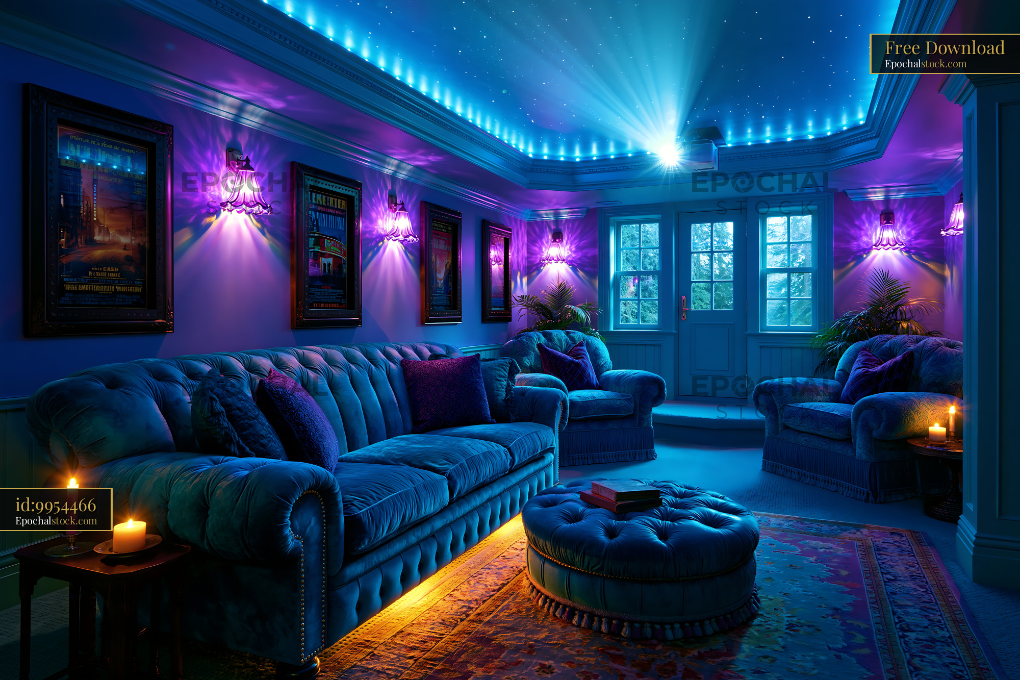 High End Basement Screening Room With Blue Lighting and Decor - stock photo