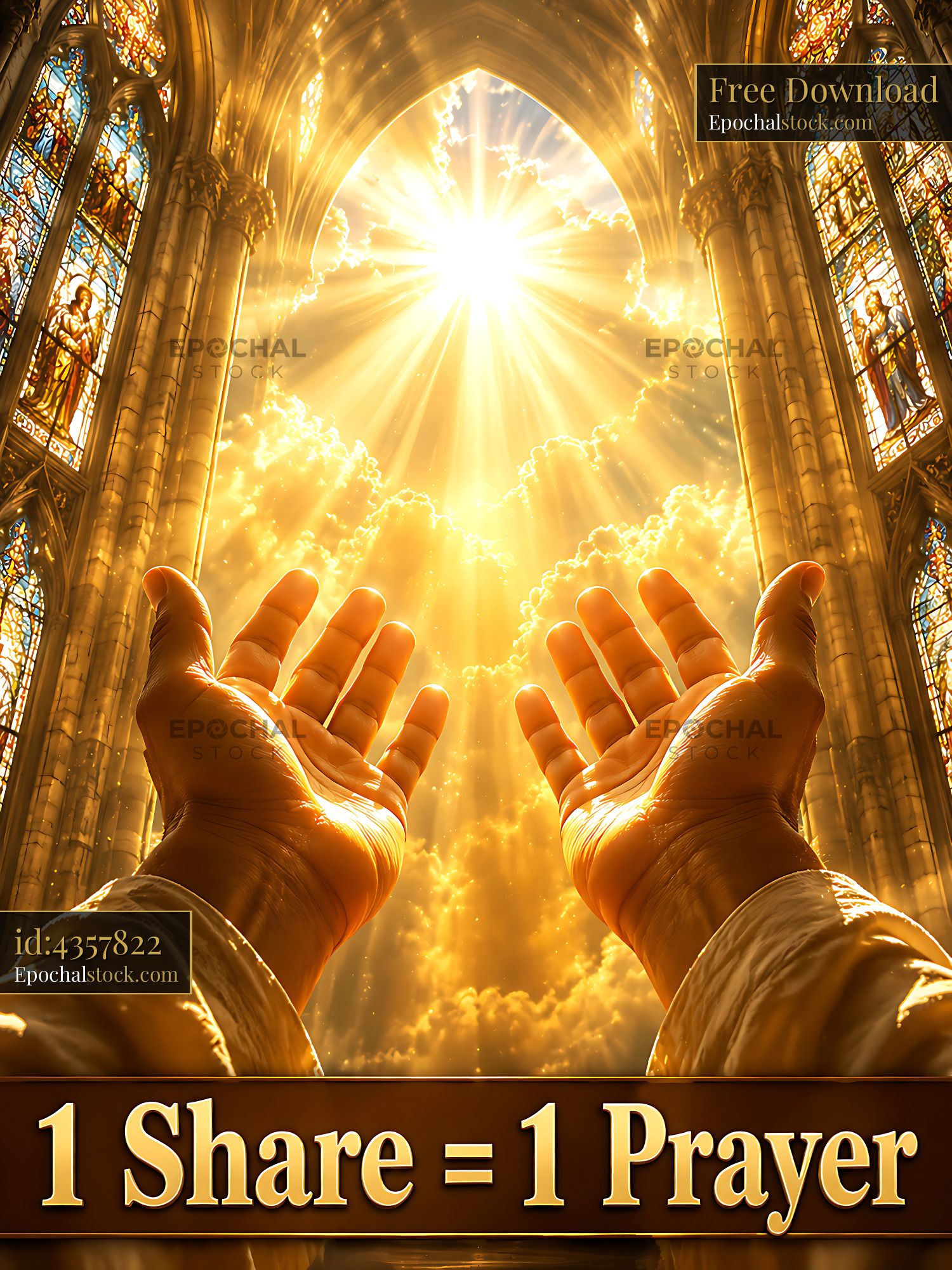 Watermarked full-resolution preview of Hands raised in a cathedral with light shining from above