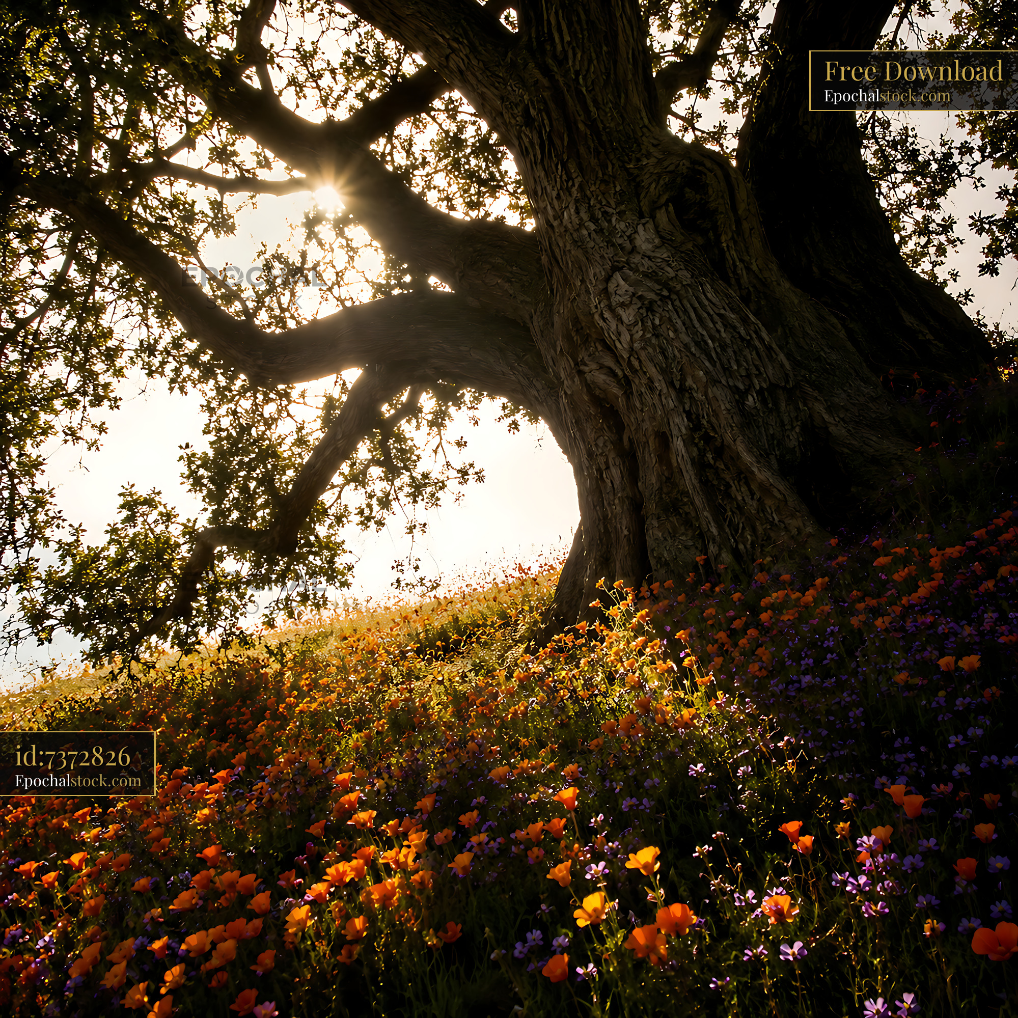 Watermarked full-resolution preview of Sunlight filters through tree branches over wildflowers