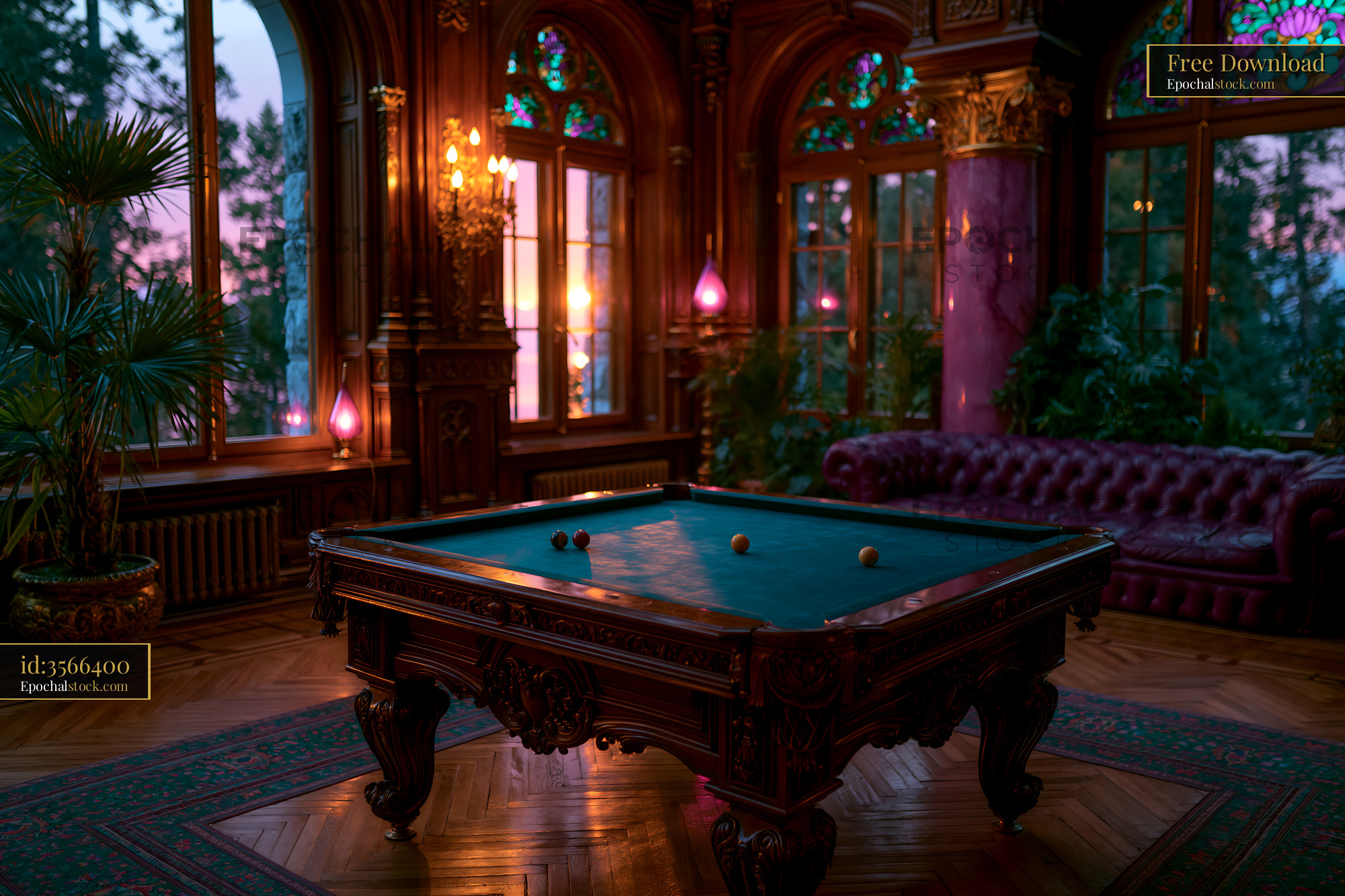 Watermarked full-resolution preview of Elegant billiard table in a vintage room at sunset