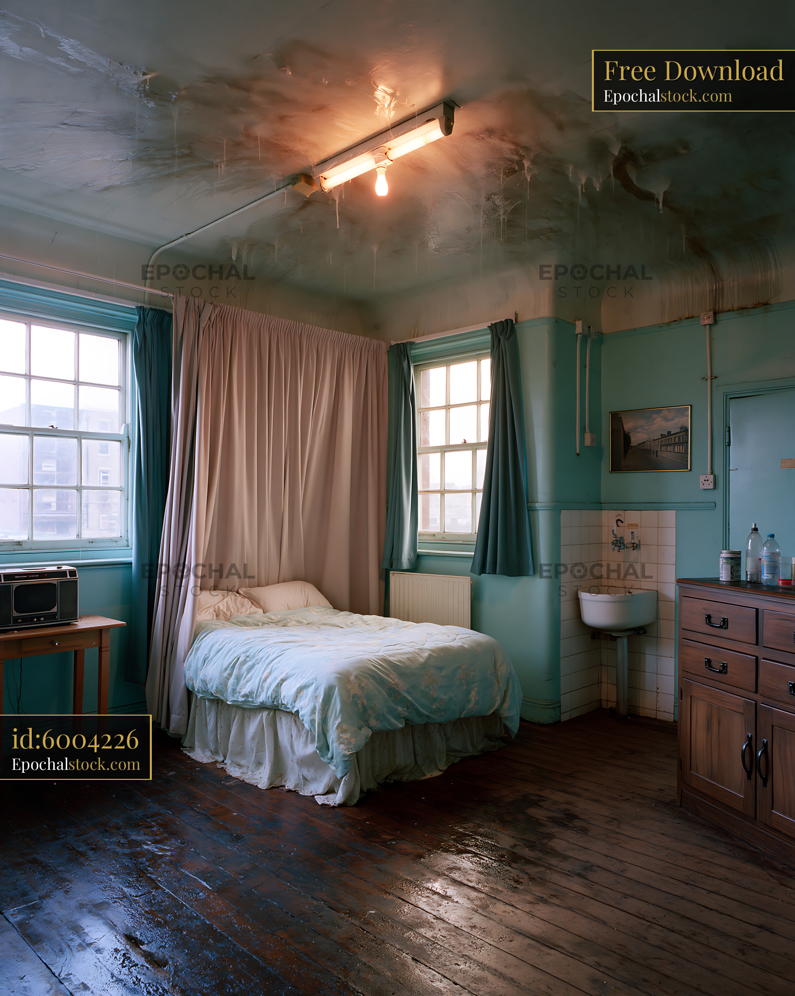 Watermarked full-resolution preview of Room with a bed, window, and simple furnishings in urban setting