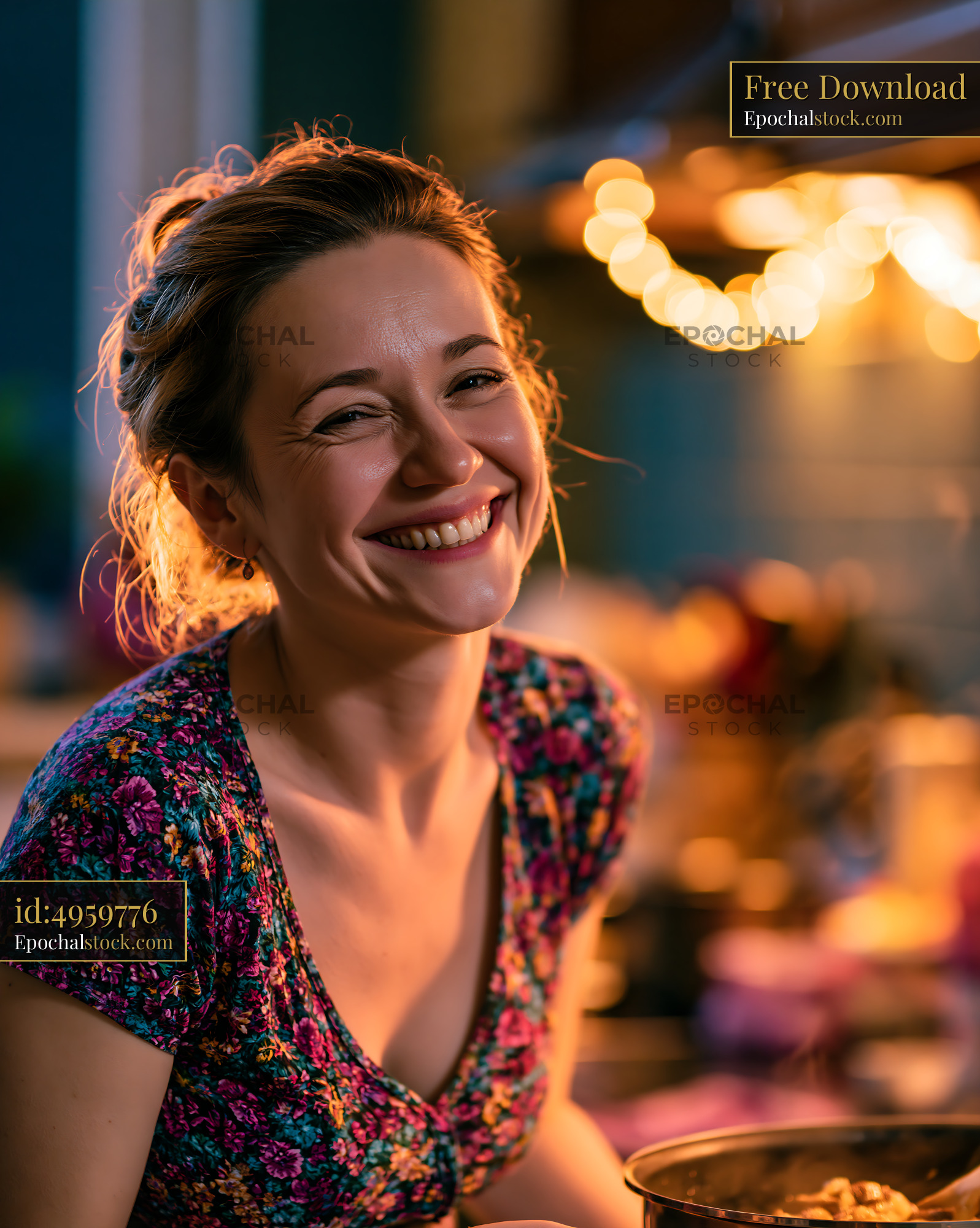 Watermarked full-resolution preview of Smiling woman cooking in a warm kitchen setting