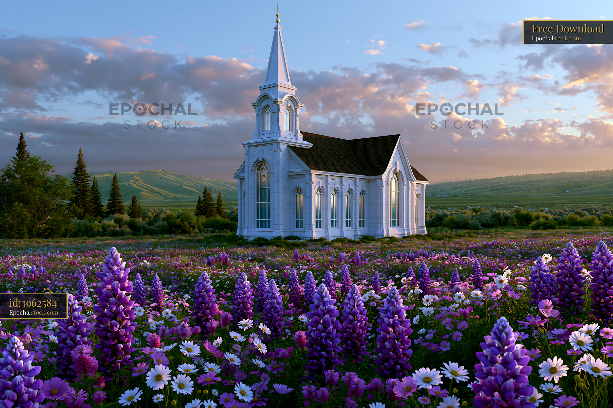 Watermarked full-resolution preview of Church surrounded by flowers in a green landscape during daytime