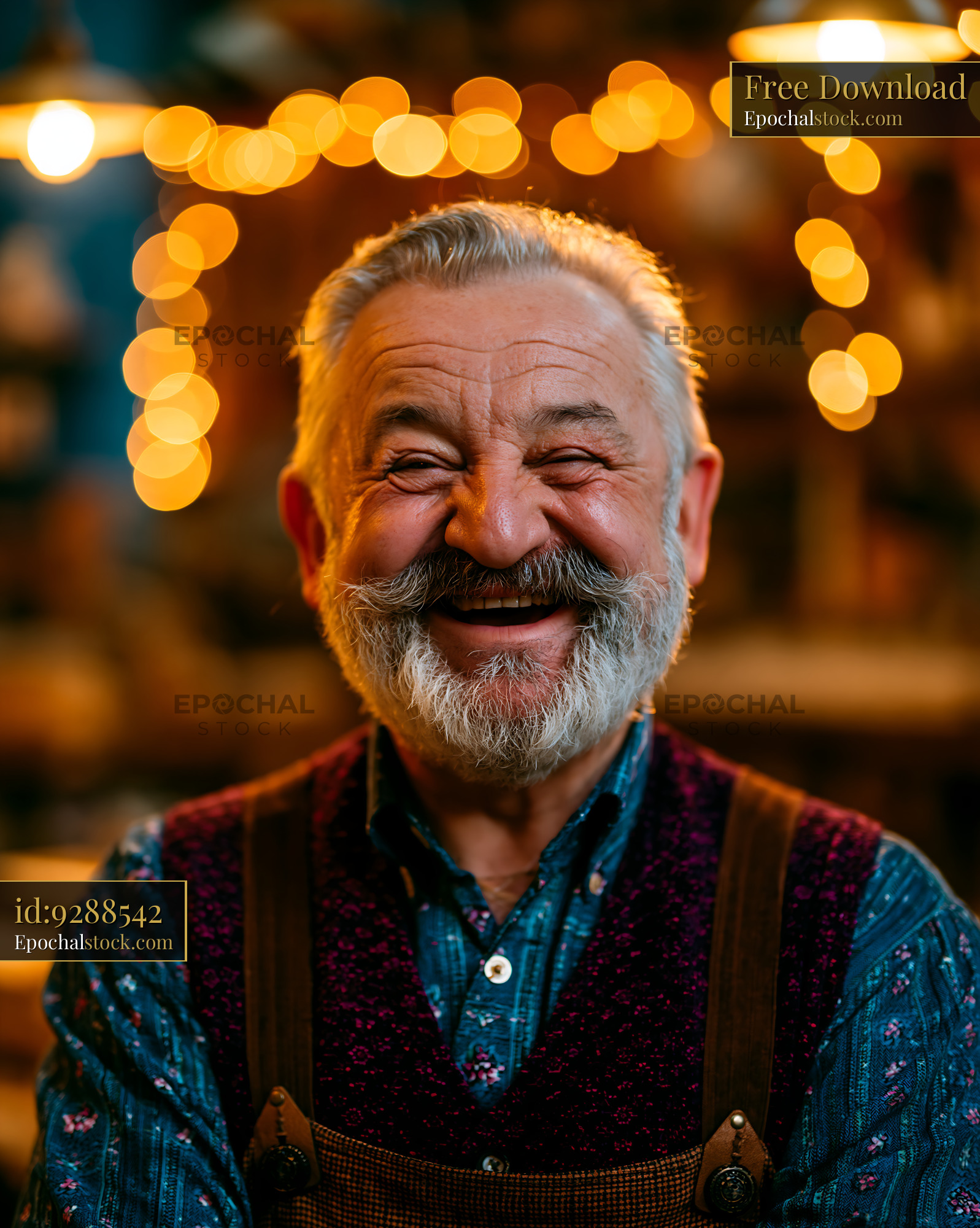 Watermarked full-resolution preview of Smiling elderly man in workshop with warm light backdrop