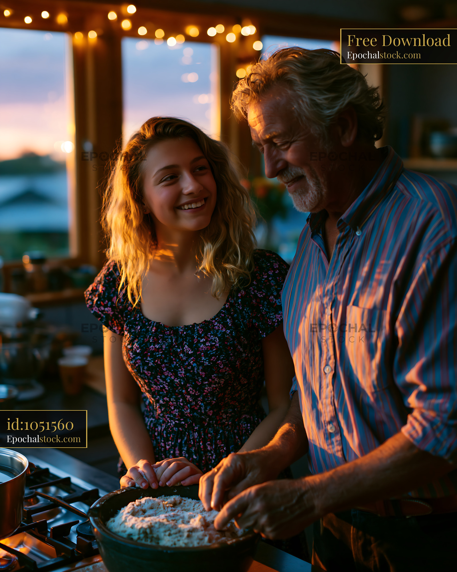 Watermarked full-resolution preview of Baking together in a cozy kitchen during sunset