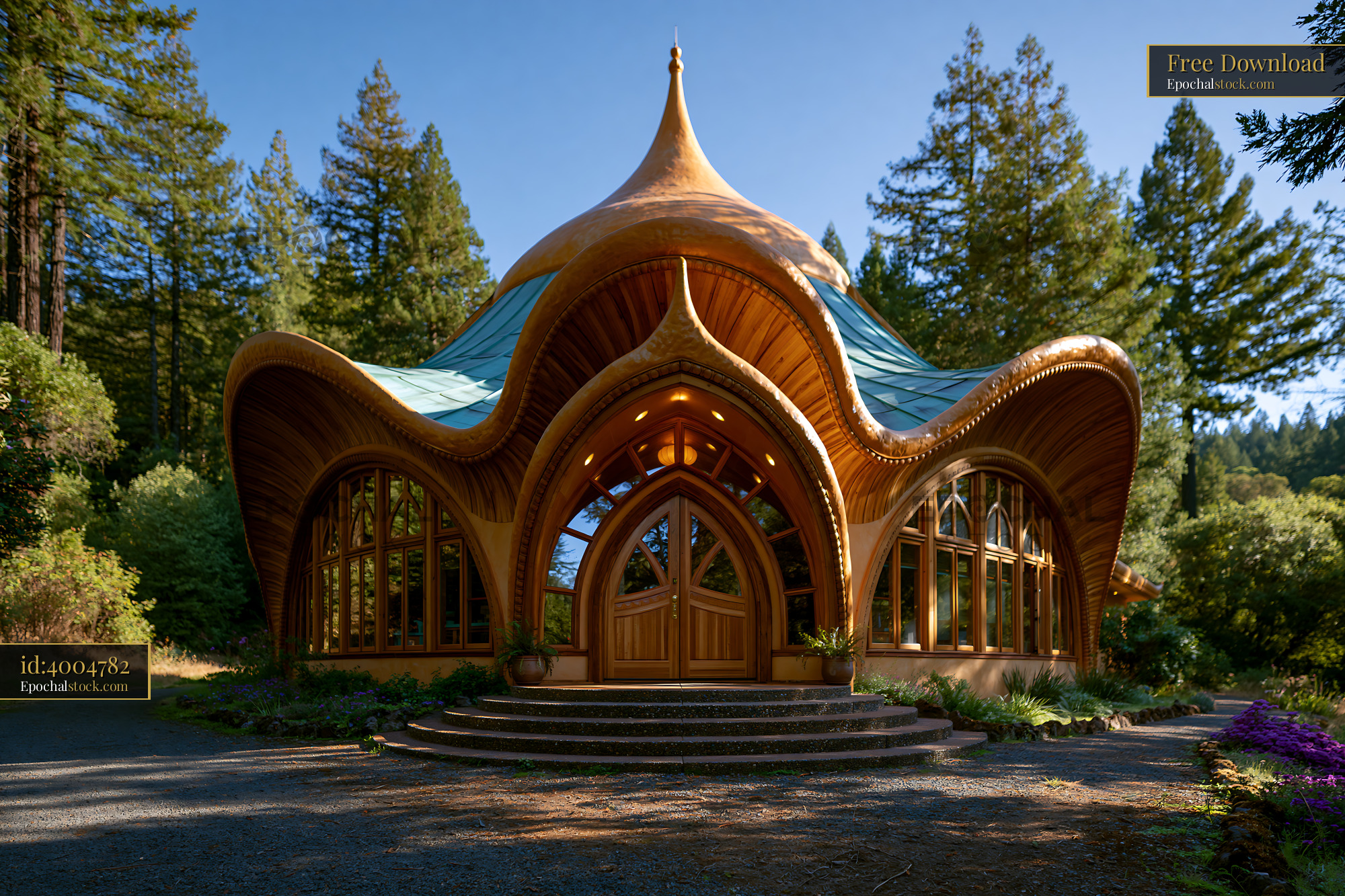 Watermarked full-resolution preview of Unique building design in a forest area with natural lighting