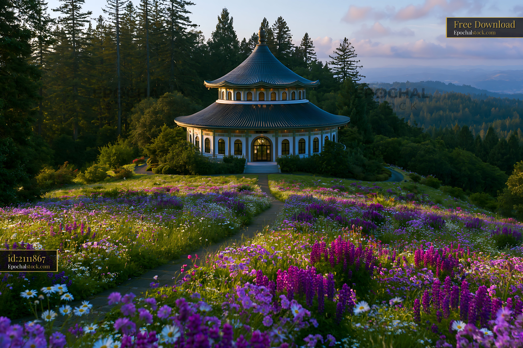 Watermarked full-resolution preview of Flower garden with pagoda structure on hillside