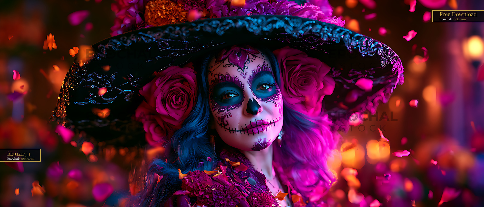 Watermarked full-resolution preview of Vibrant sugar skull portrait with floral hat and rose petals