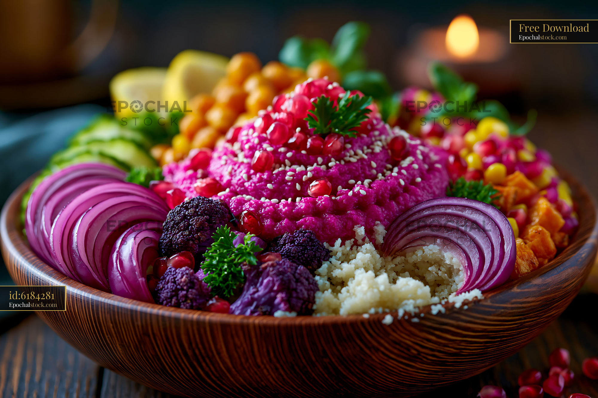 Watermarked full-resolution preview of Colorful bowl of food with various ingredients and garnishes