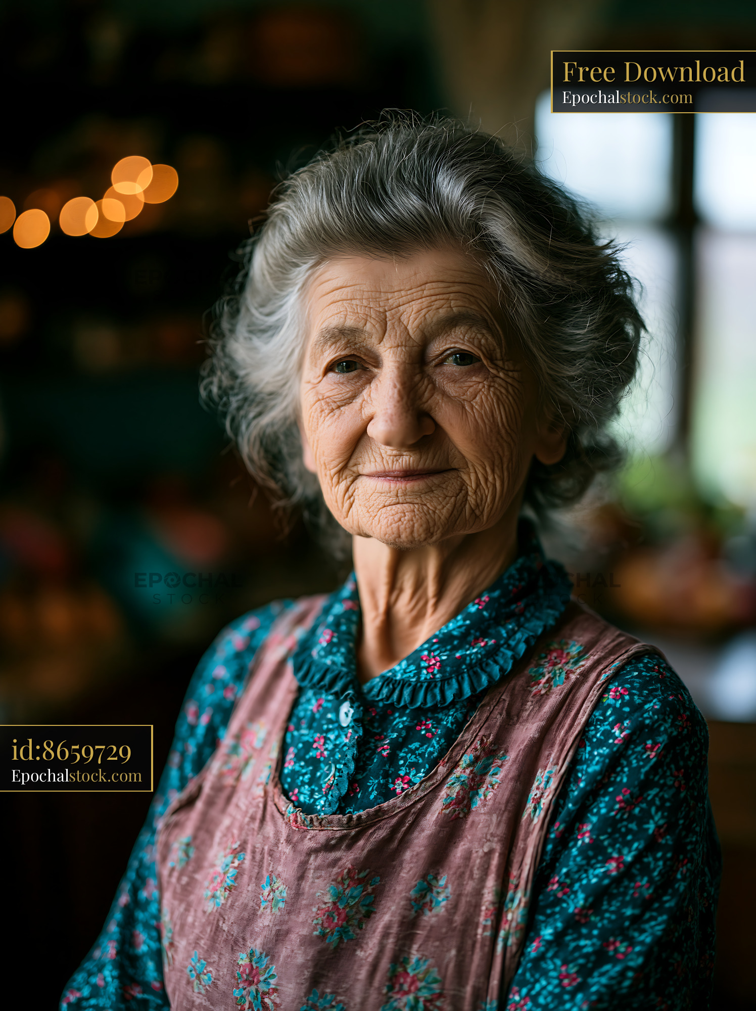 Watermarked full-resolution preview of Elderly woman smiling in cozy kitchen setting