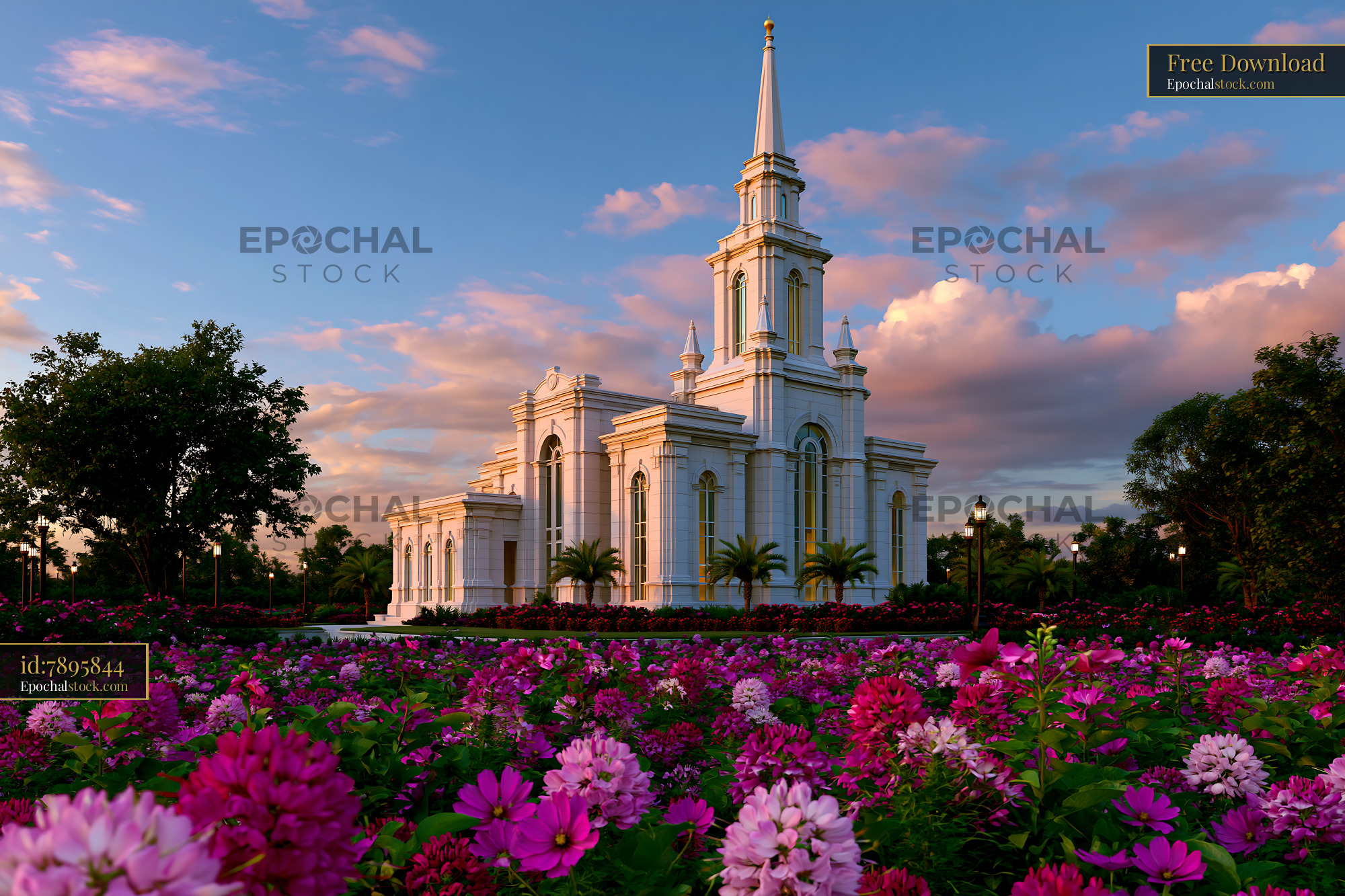 Watermarked full-resolution preview of Flower garden in front of church building during sunset