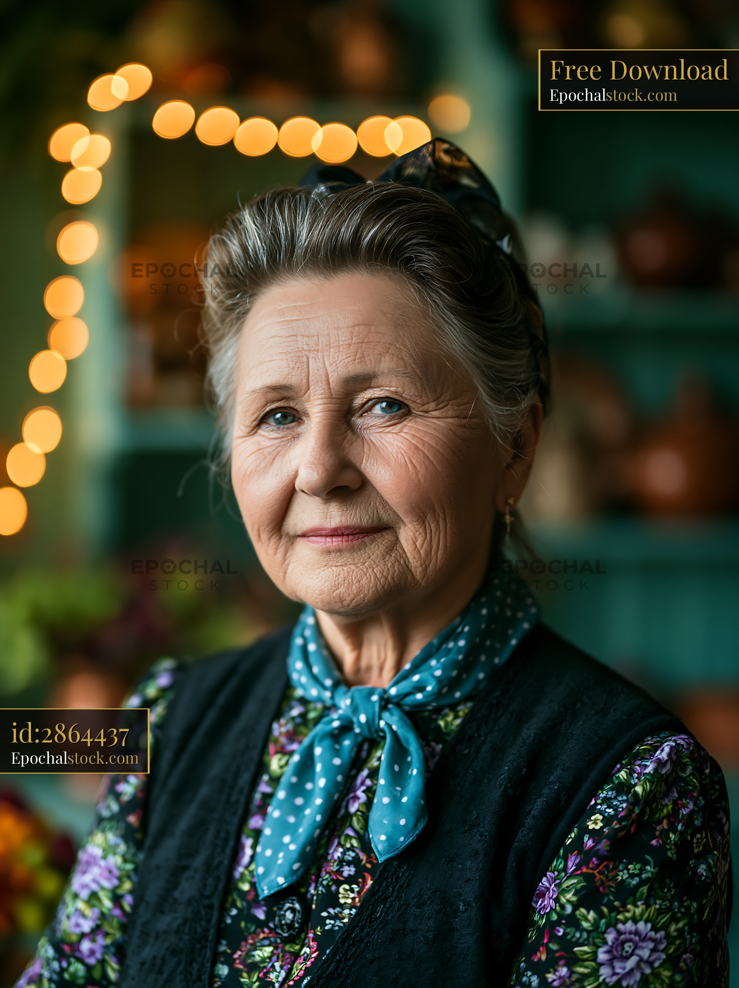Watermarked full-resolution preview of Elderly woman with traditional attire in a cozy indoor setting