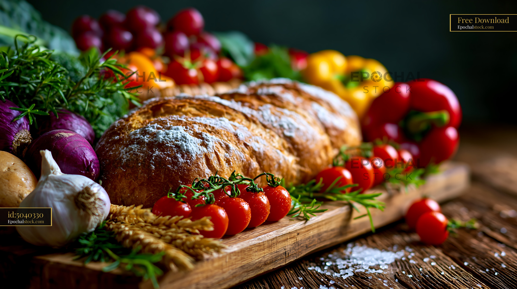 Watermarked full-resolution preview of Fresh bread and vegetables on a wooden board