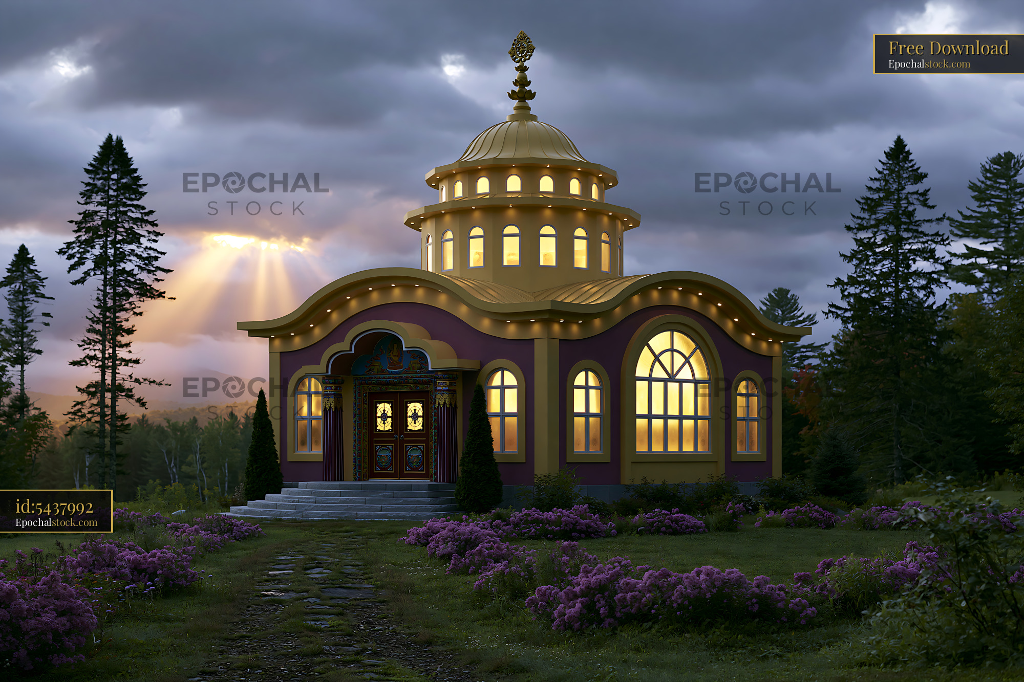 Watermarked full-resolution preview of Golden dome building with large windows on a cloudy evening