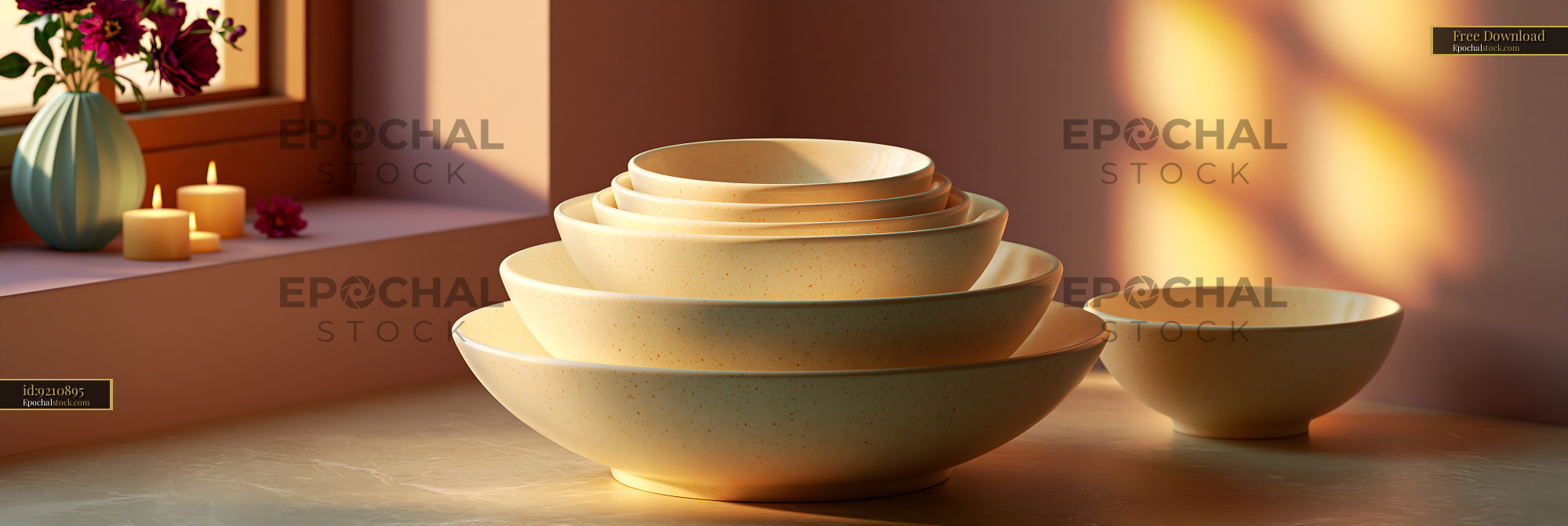 Watermarked full-resolution preview of Stacked bowls on a table with soft lighting in a cozy room