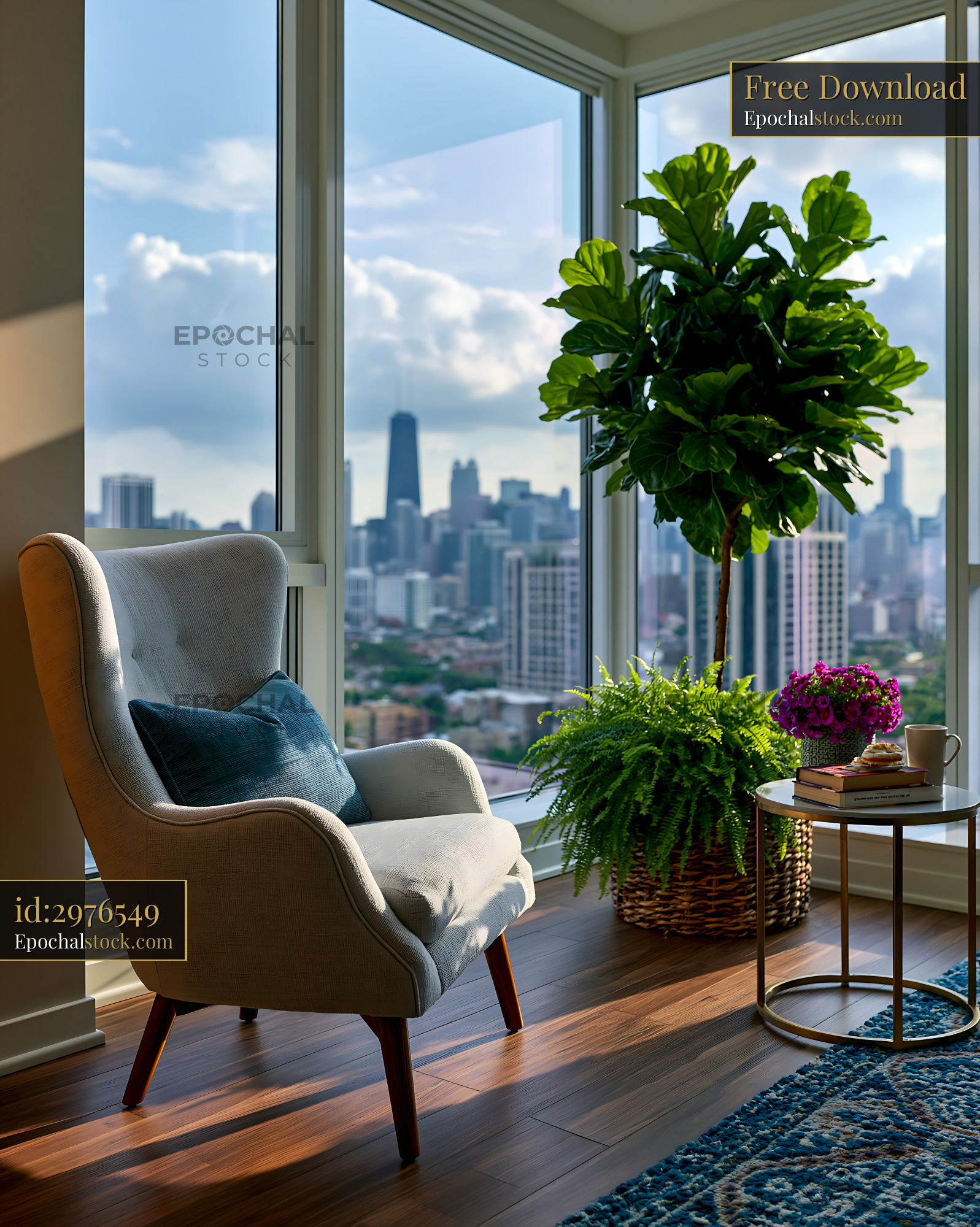 Watermarked full-resolution preview of Cozy corner with chair and plants overlooking city skyline