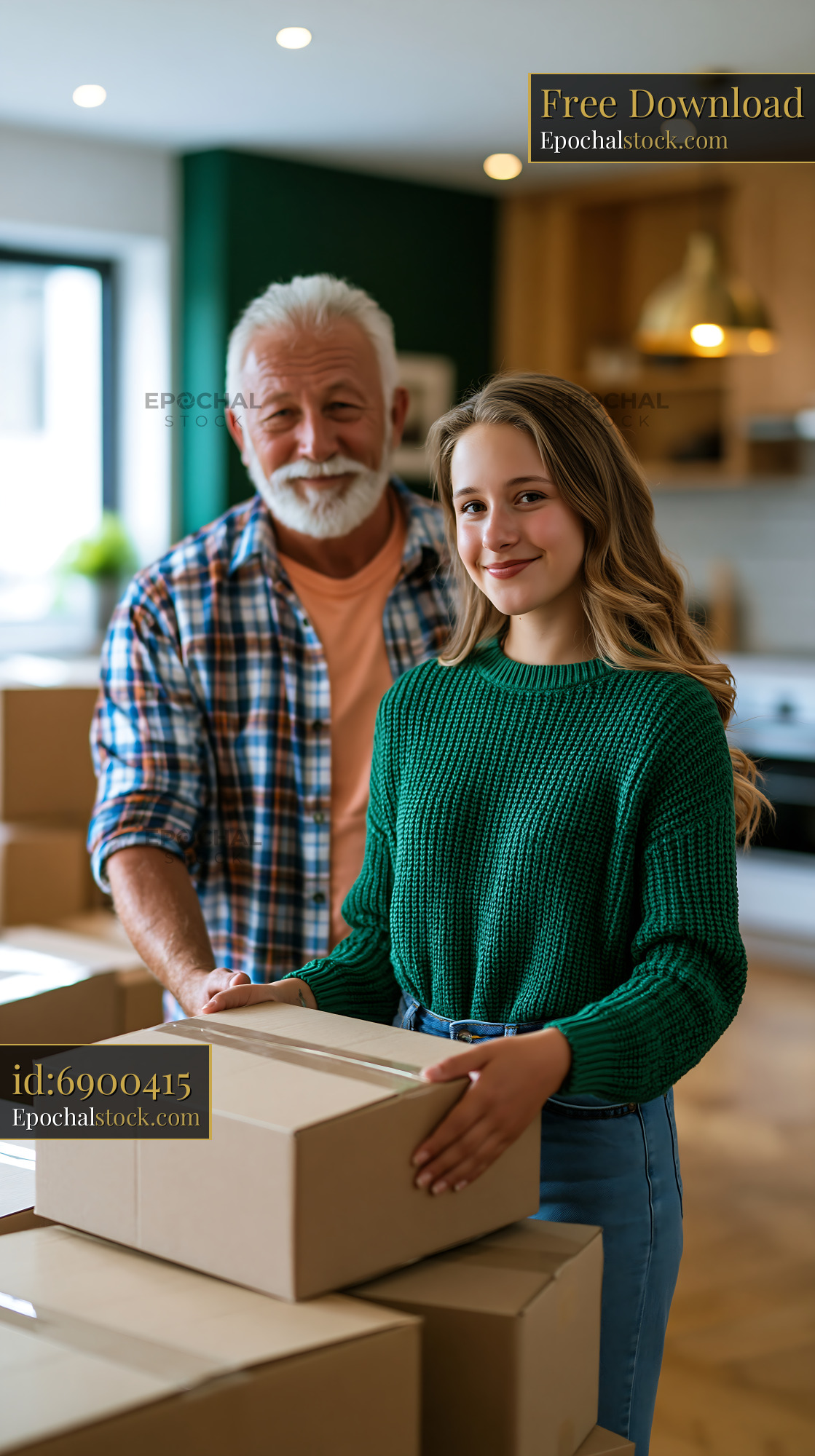 Watermarked full-resolution preview of Grandfather and granddaughter packing boxes at home