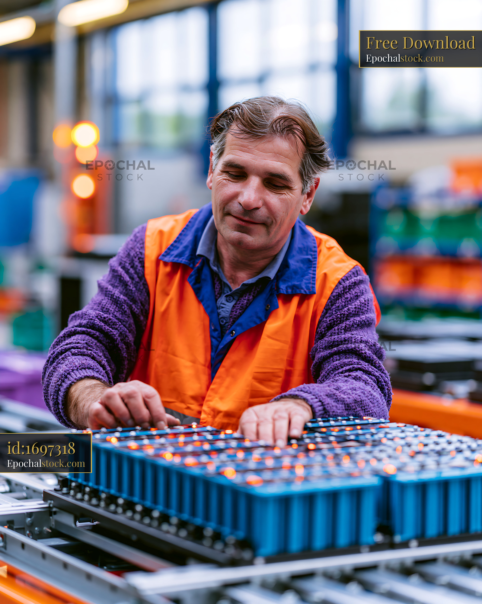 Watermarked full-resolution preview of Worker assembling battery modules in a manufacturing facility