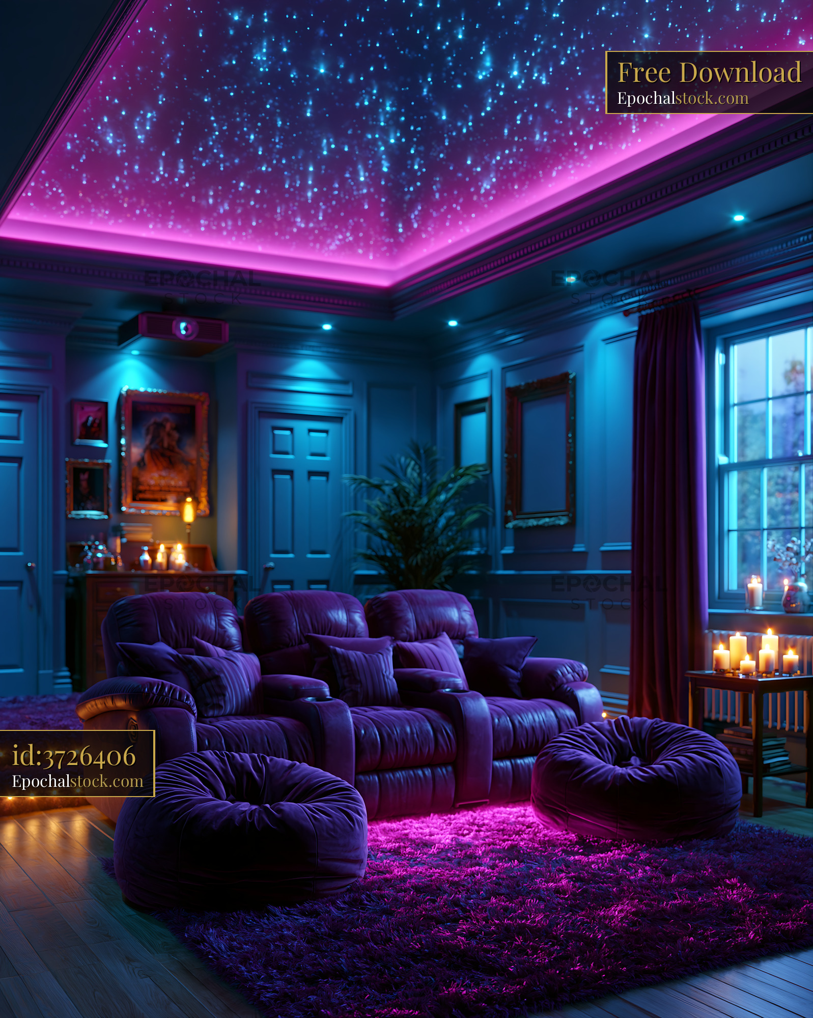 Watermarked full-resolution preview of Cozy room with neon lights and plush seating