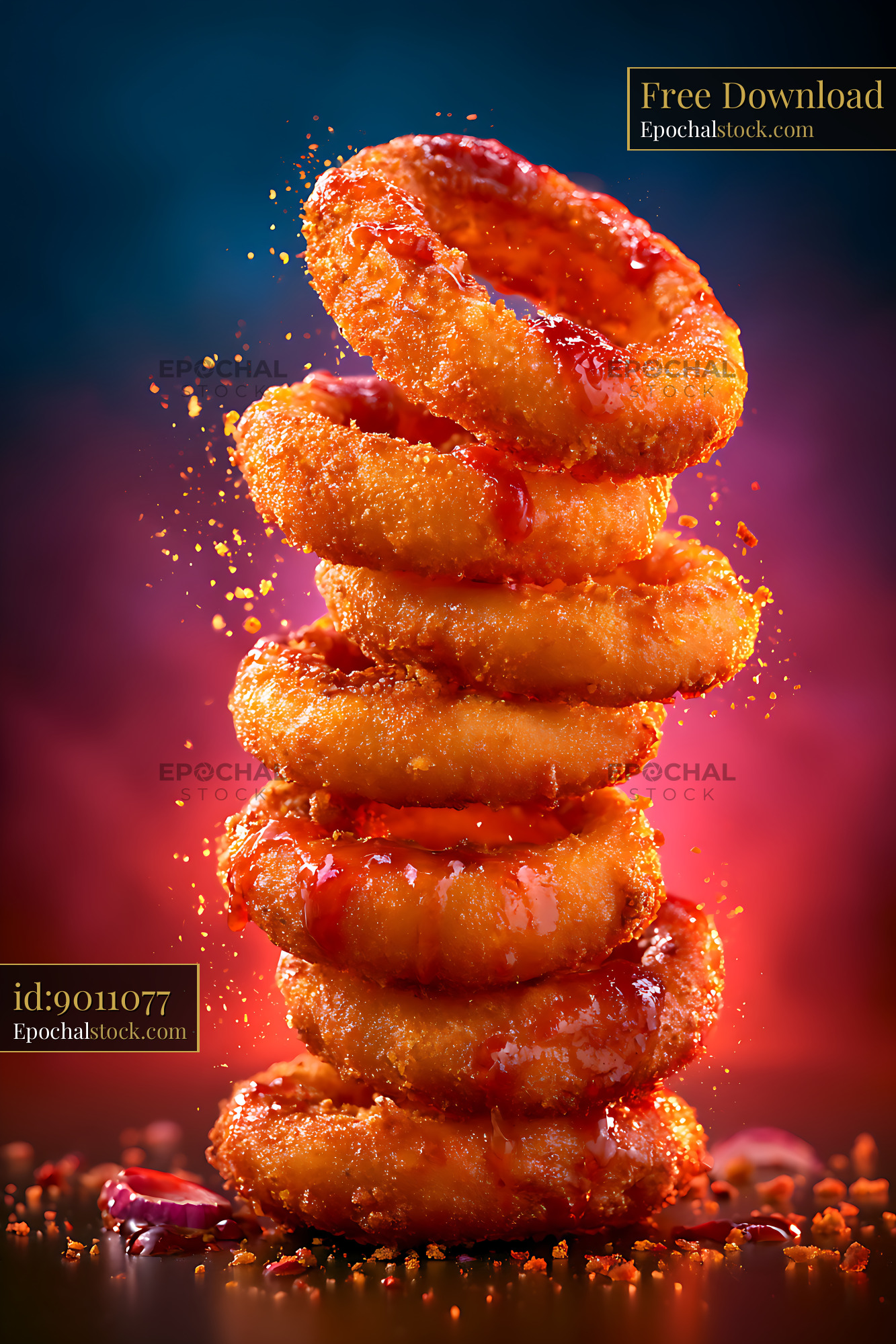 Watermarked full-resolution preview of Stack of fried onion rings with sauce on a colorful background