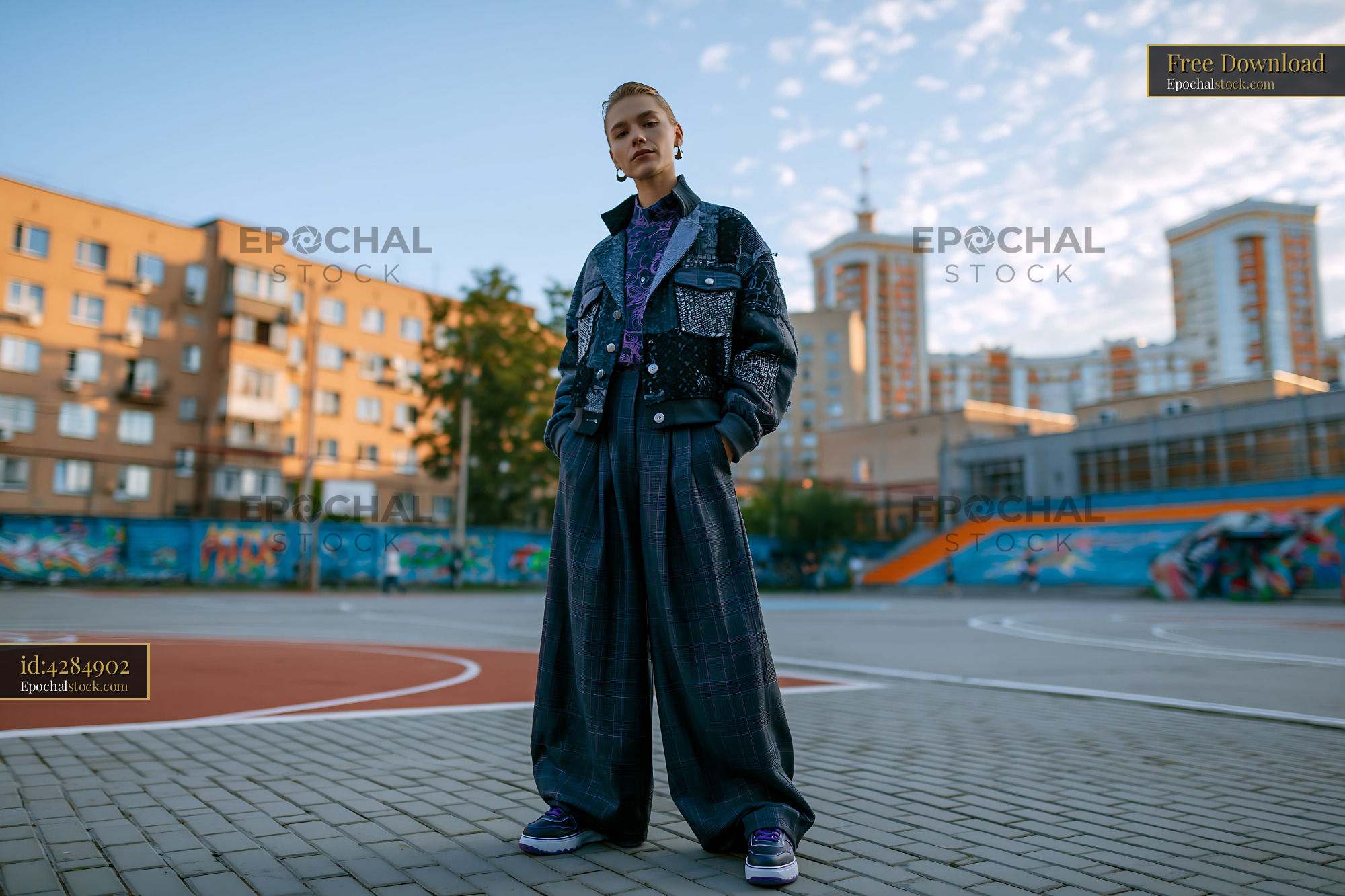 Watermarked full-resolution preview of Person standing in urban area with buildings and basketball court