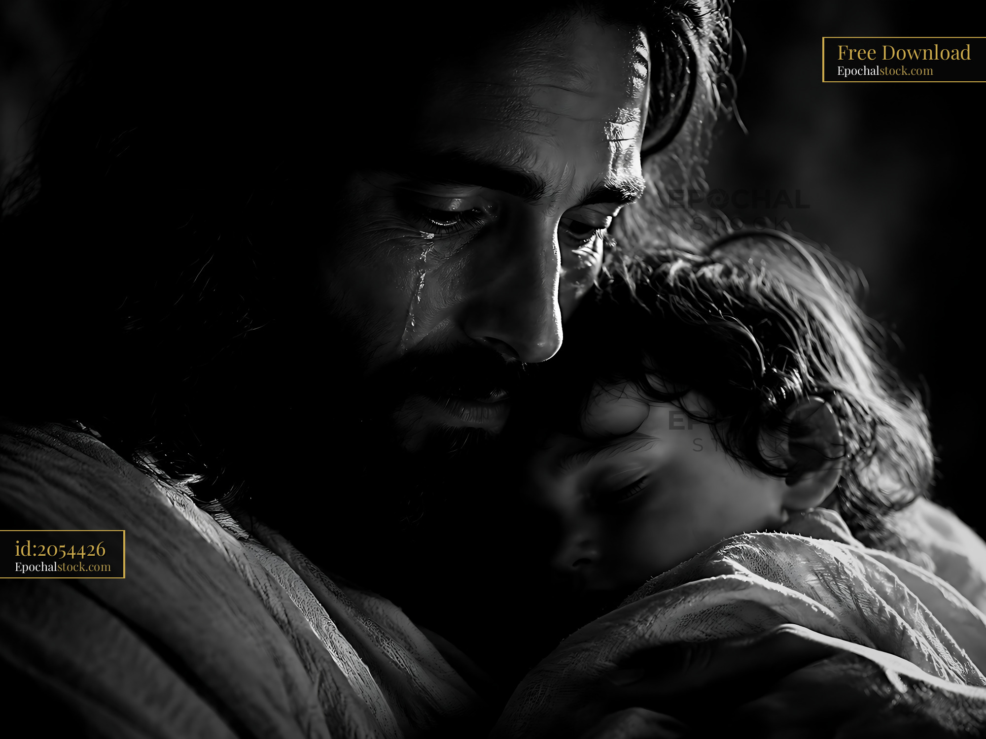 Man Holds Child With Tears in His Eyes in Dark Setting - stock photo