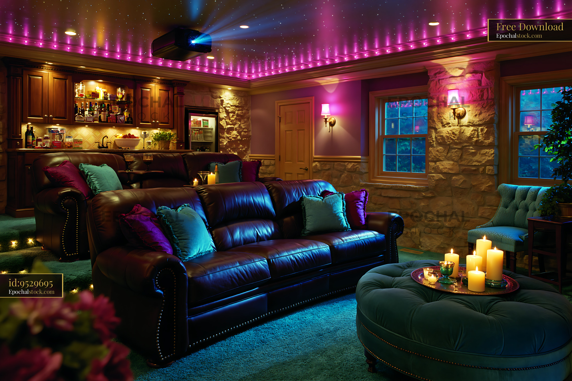 Watermarked full-resolution preview of Cozy indoor space with lounge seating and colorful lighting