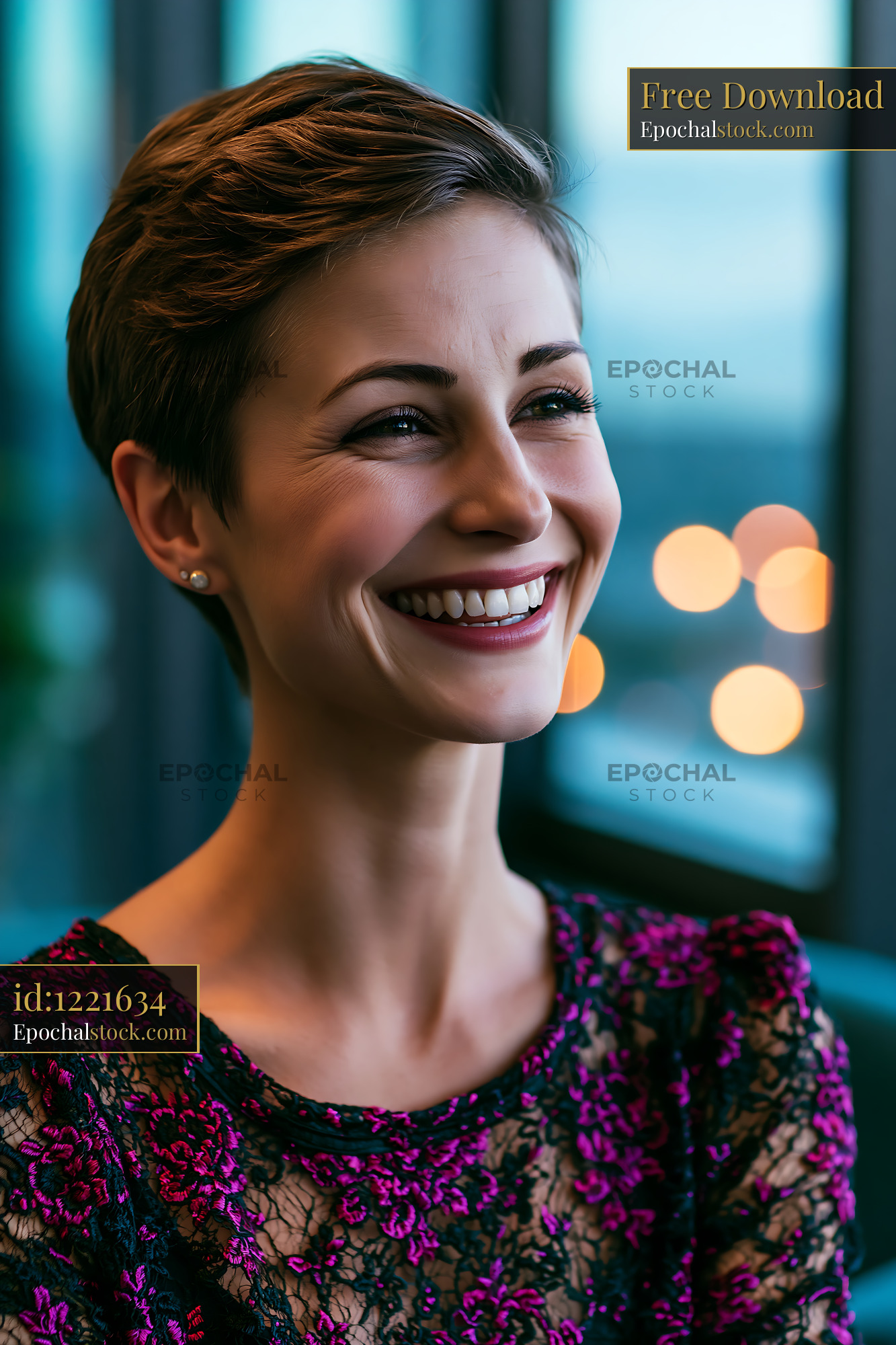 Watermarked full-resolution preview of Woman smiling in a modern indoor setting with city lights behind