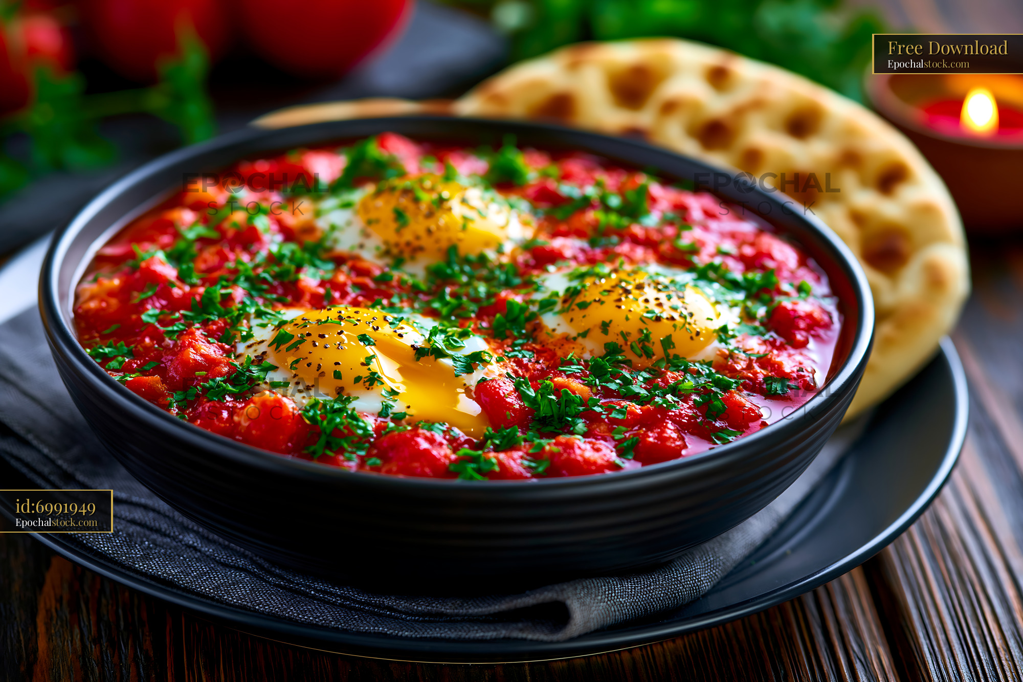 Watermarked full-resolution preview of Delicious dish with eggs in tomato sauce and flatbread