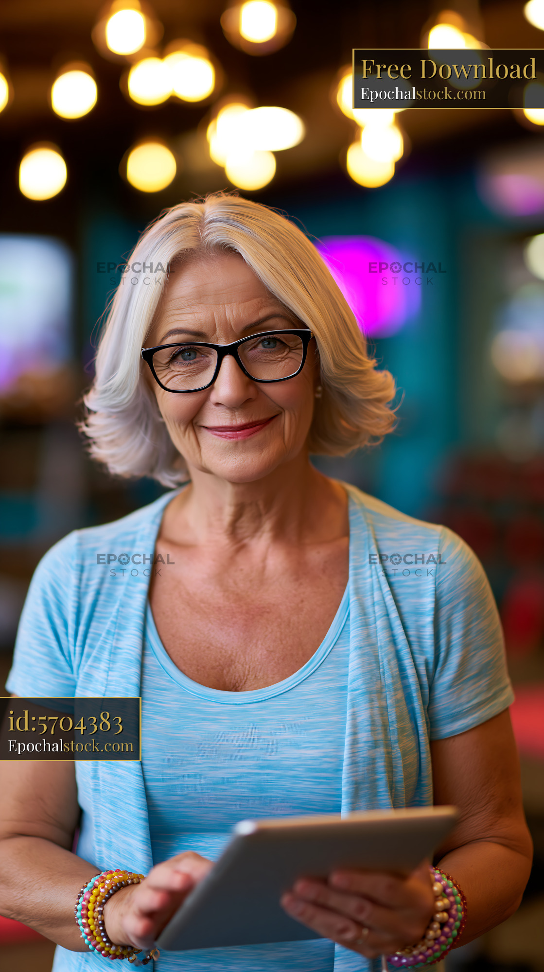 Watermarked full-resolution preview of Smiling older woman with tablet in cafe setting