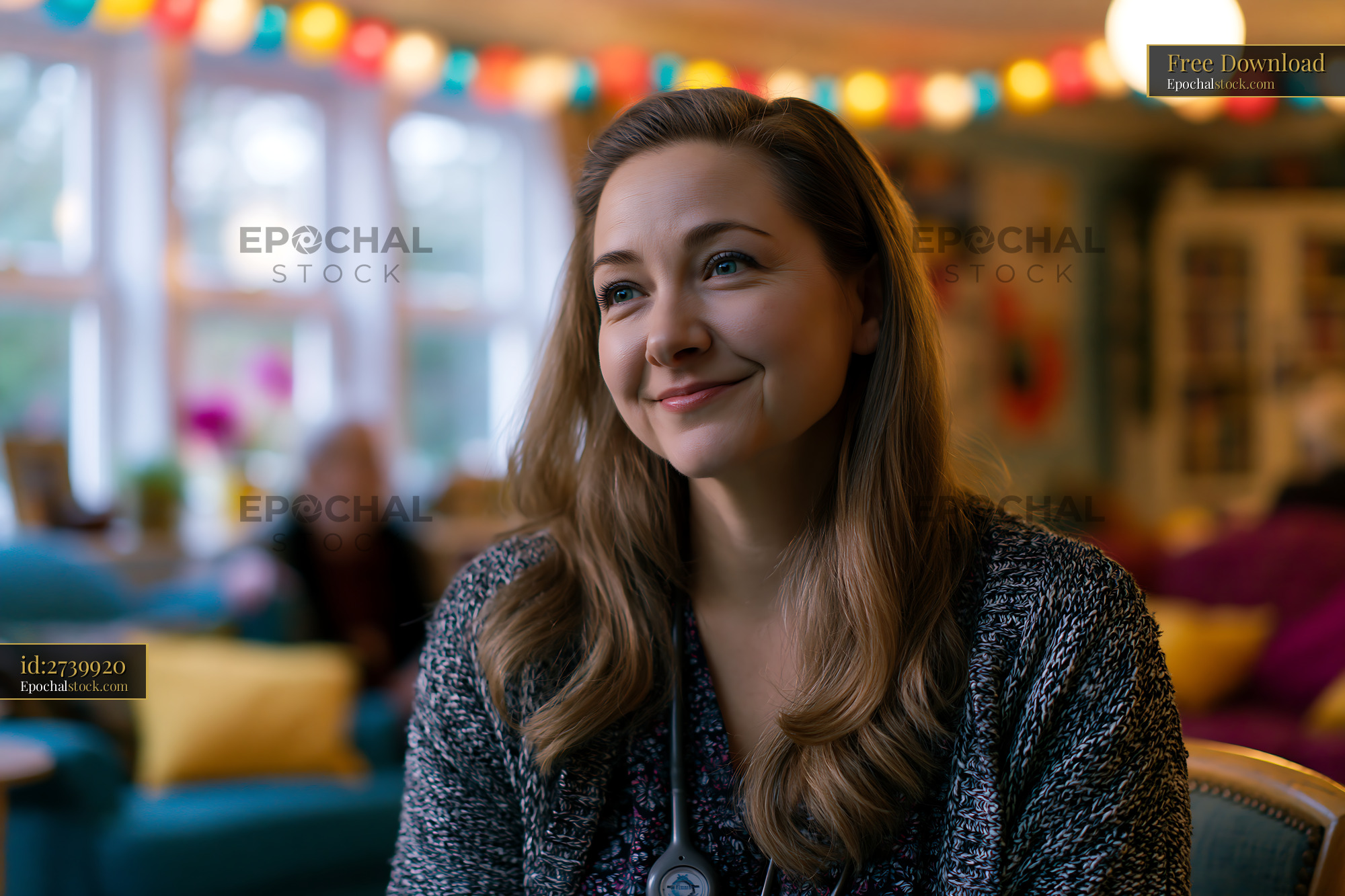 Watermarked full-resolution preview of Smiling woman in cozy indoor space with colorful lights