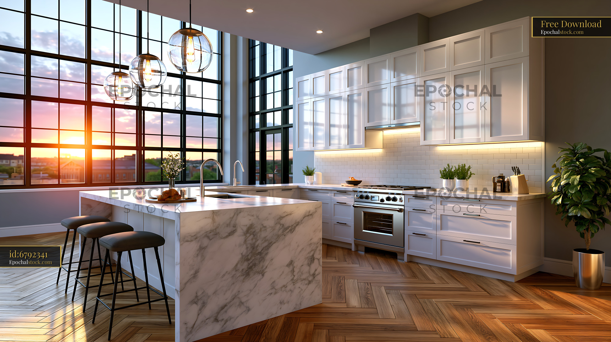 Watermarked full-resolution preview of Modern kitchen with large windows and sunset view