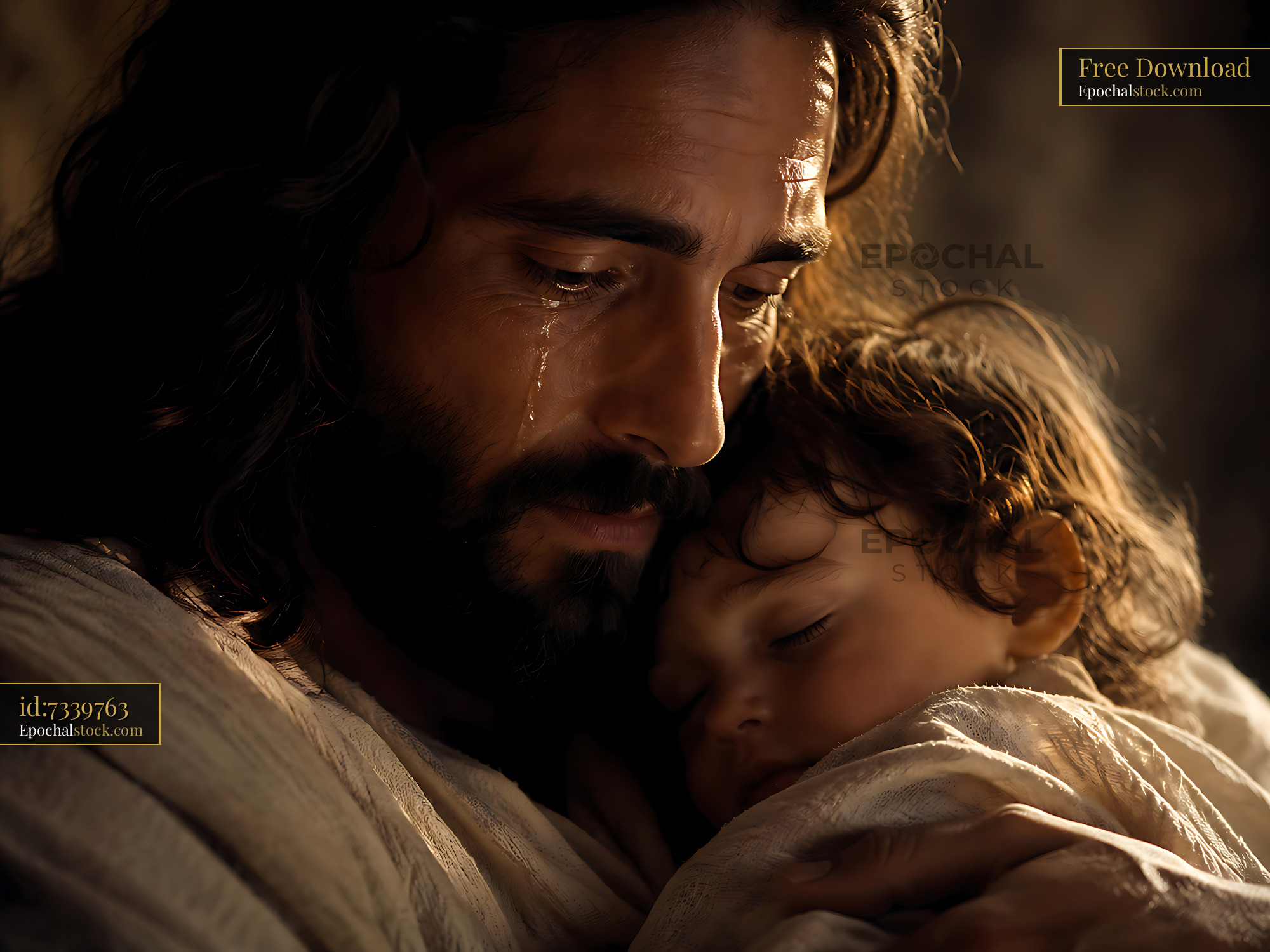 Man Holds Child With Tears in Eyes During Emotional Moment - stock photo