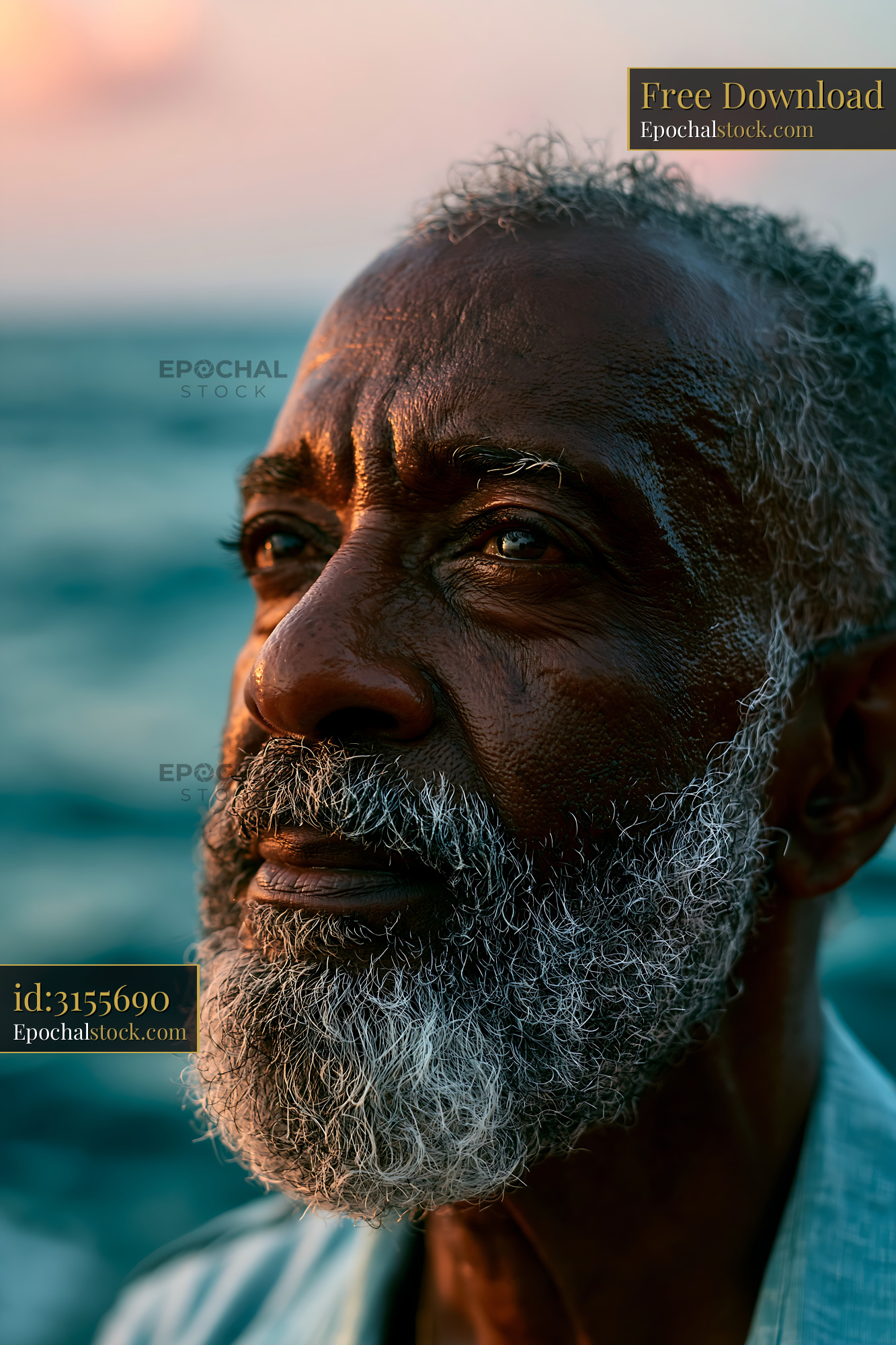 Watermarked full-resolution preview of Man with beard looks away by the ocean at sunset