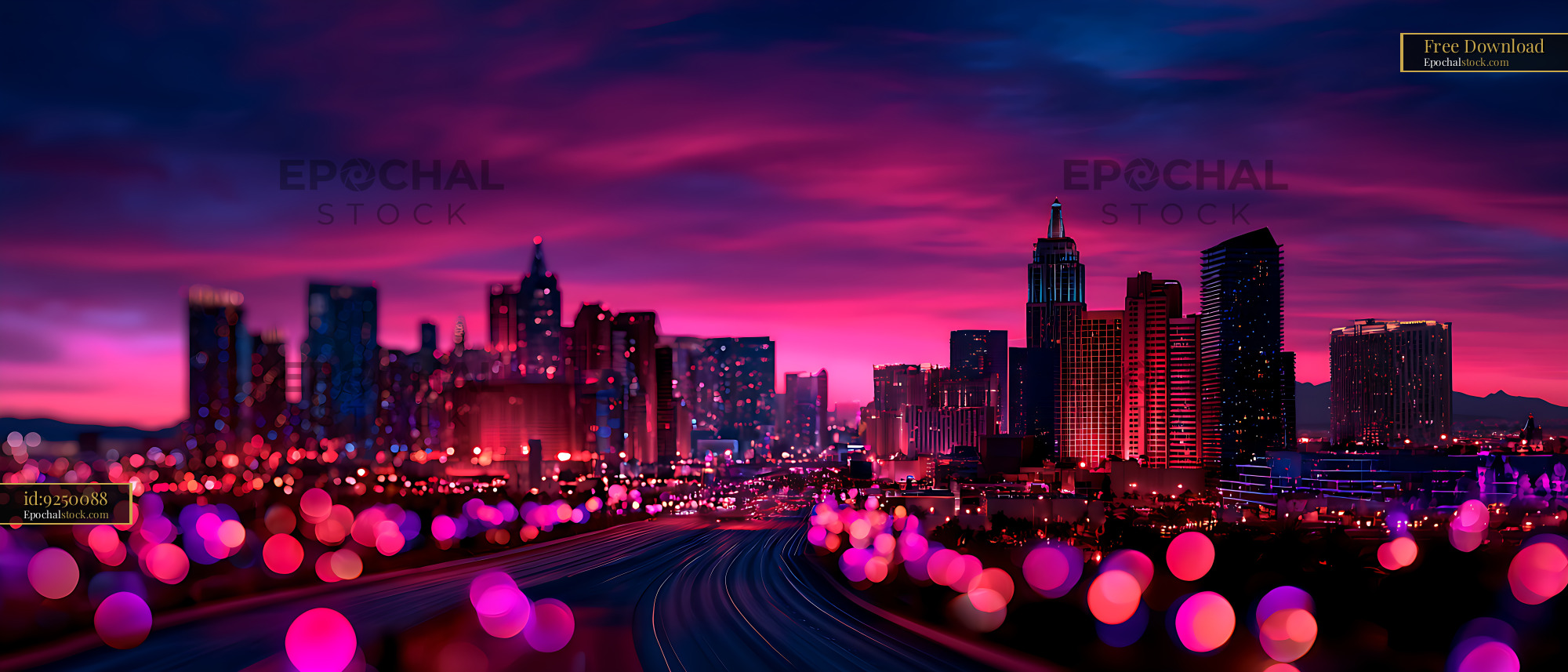 Watermarked full-resolution preview of Colorful illuminated urban skyline under a vivid evening sky
