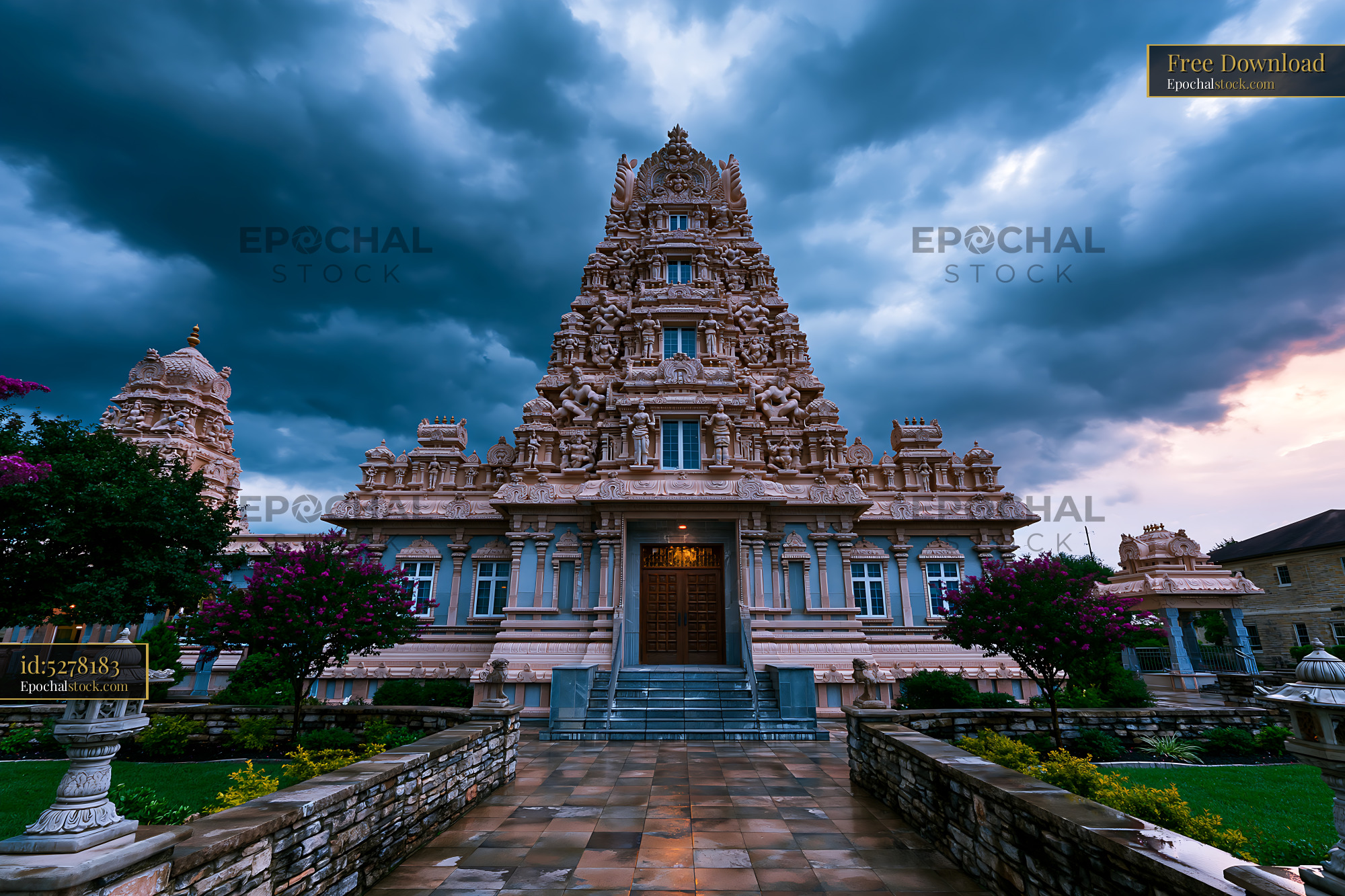 Watermarked full-resolution preview of Hindu temple structure under a cloudy sky at dusk