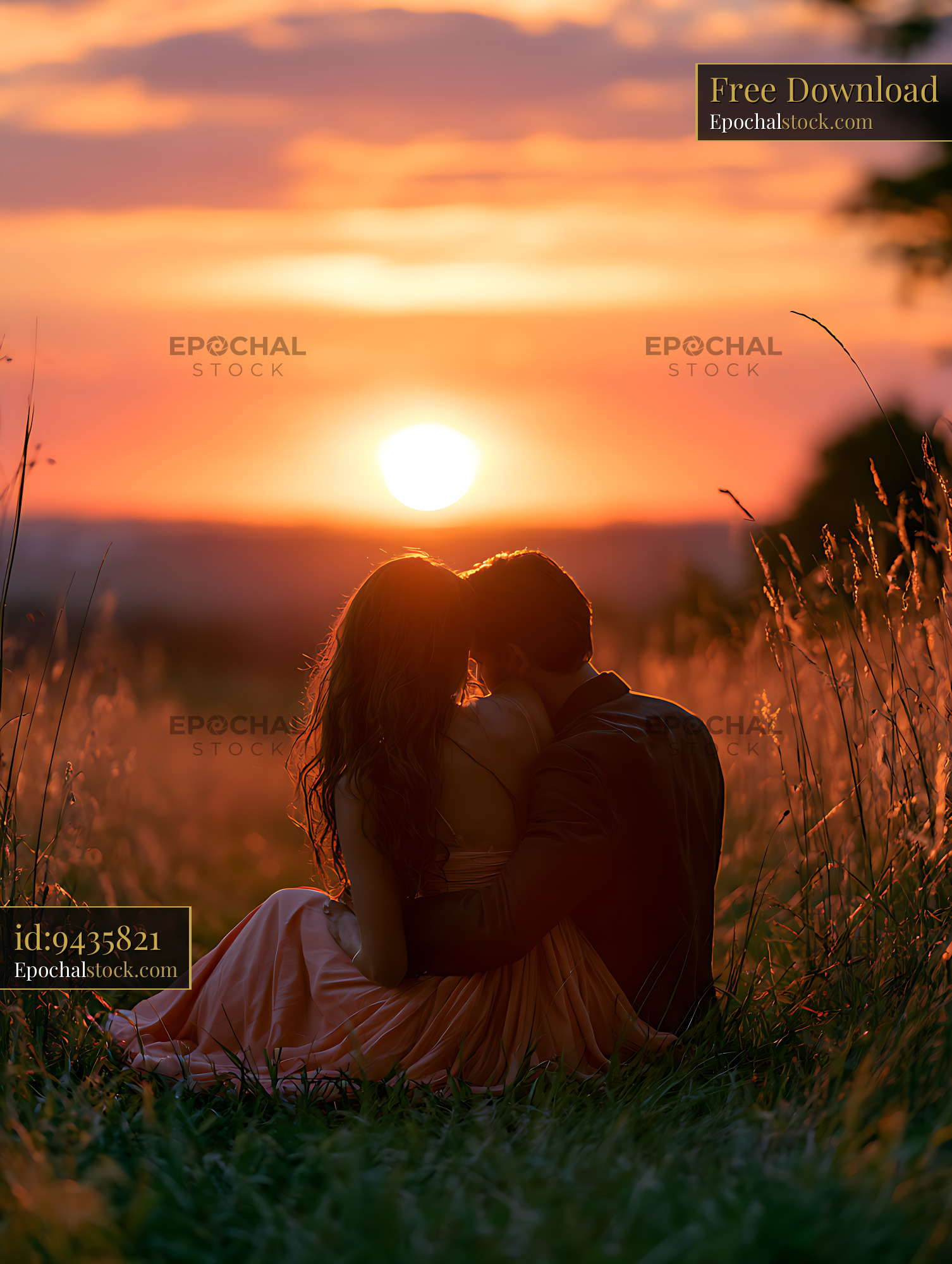 Watermarked full-resolution preview of Romantic couple seated in grass during sunset