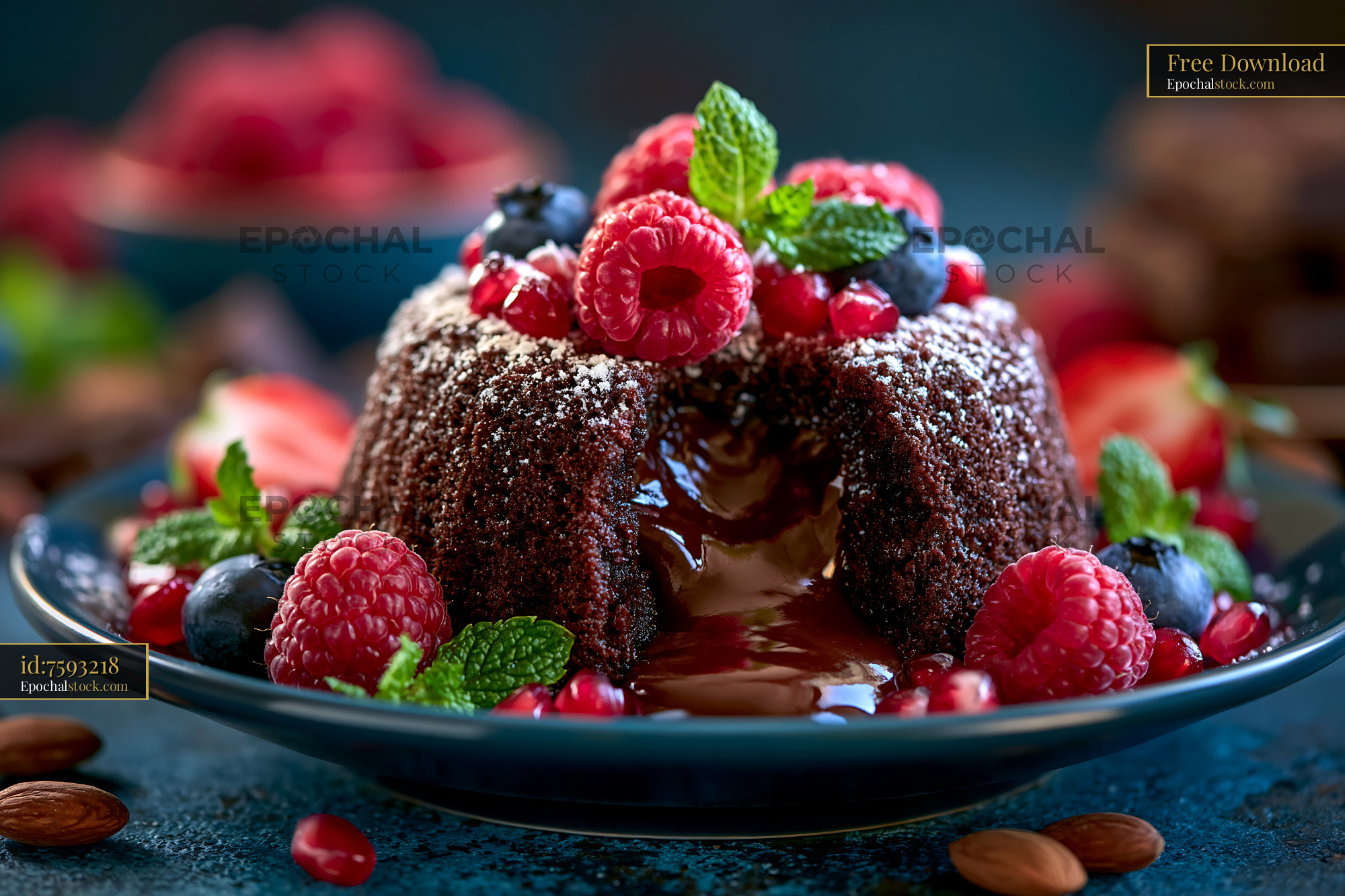 Watermarked full-resolution preview of Chocolate dessert with sauce and fresh fruits on a blue plate