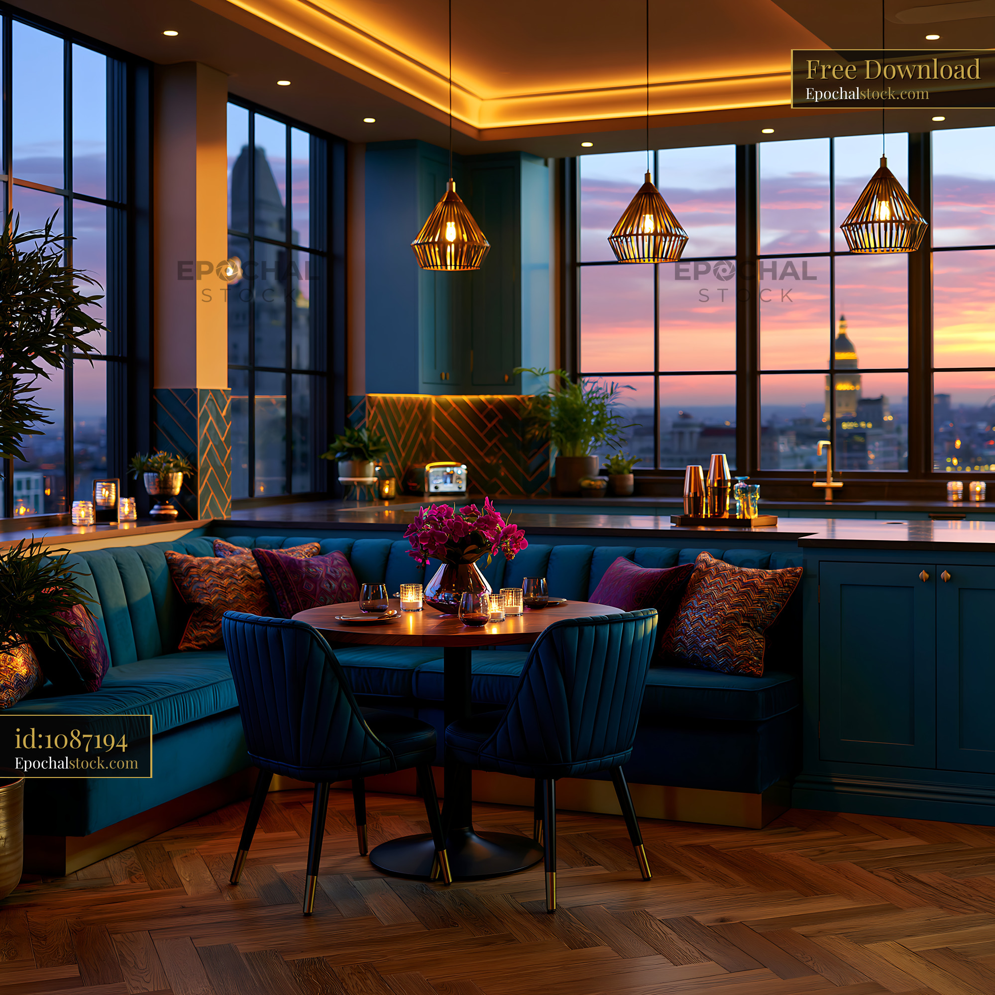 Watermarked full-resolution preview of Warm modern lounge overlooking a city at sunset