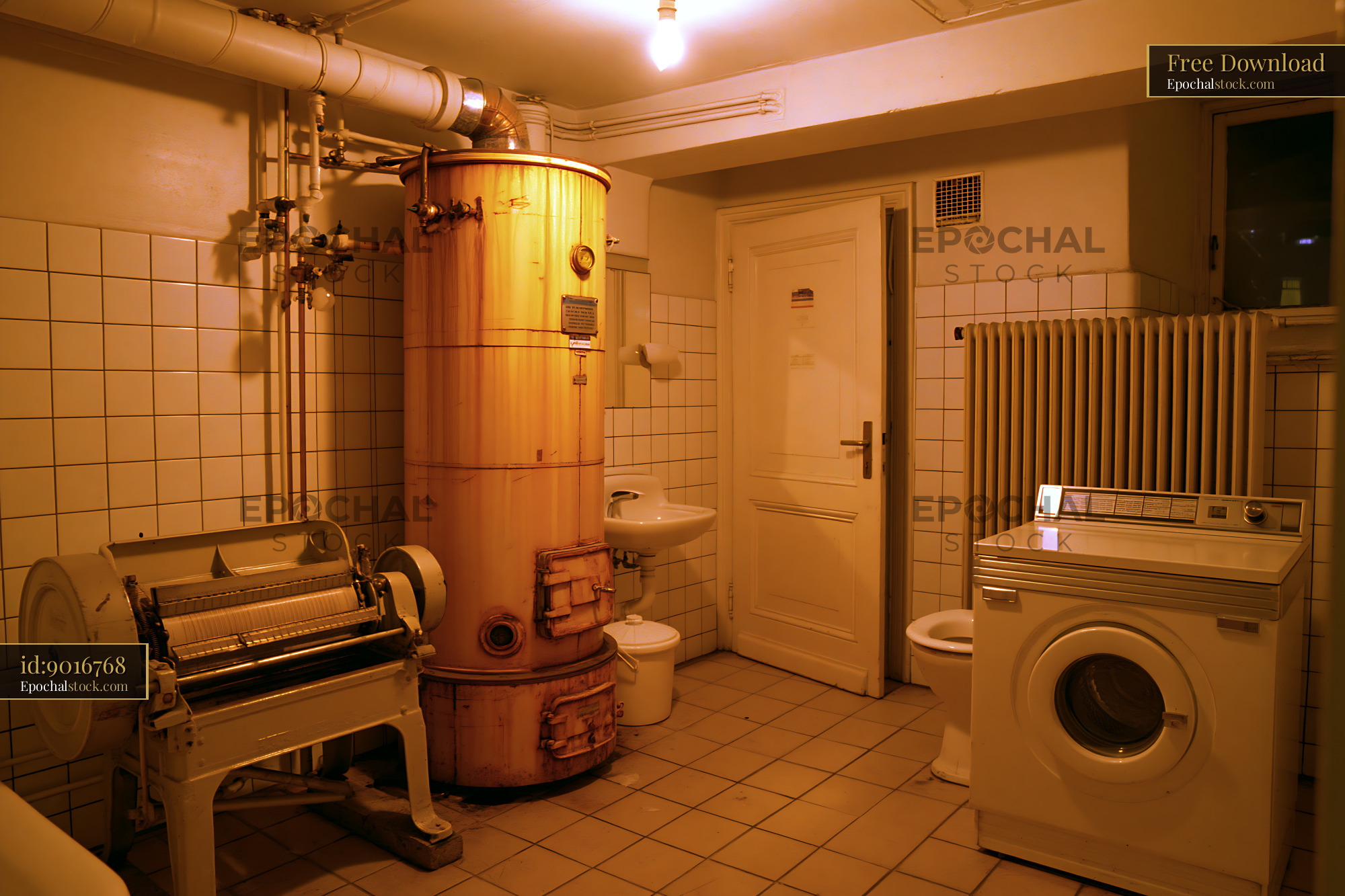 Watermarked full-resolution preview of Old laundry room with vintage washing machine and water heater
