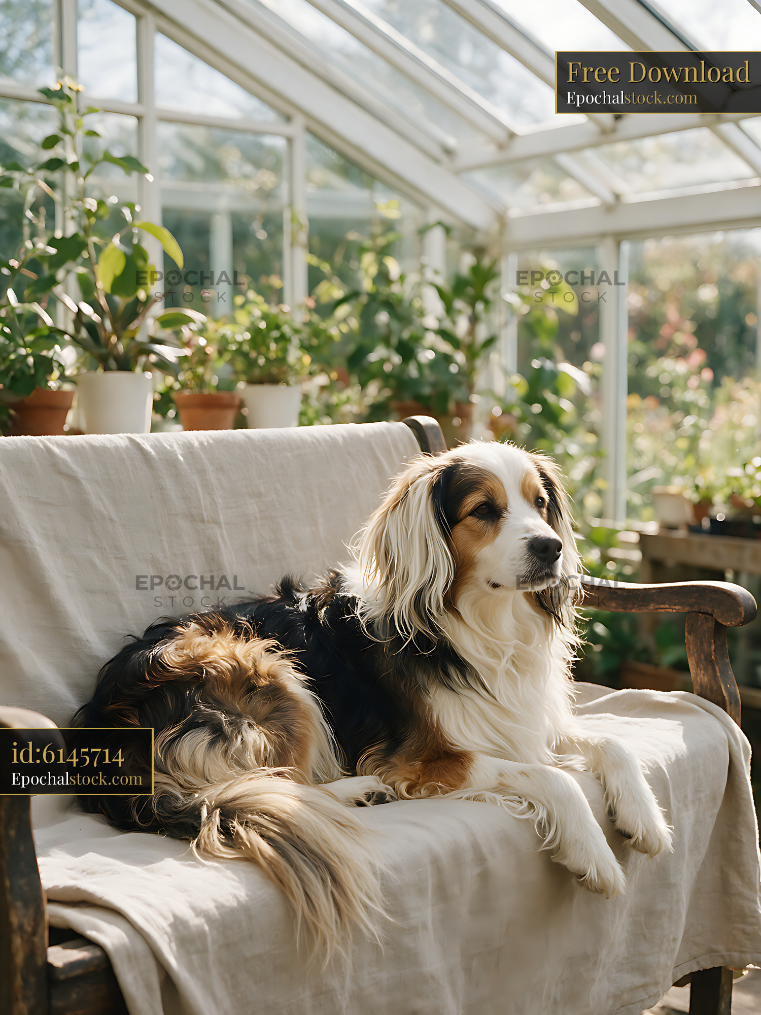 Watermarked full-resolution preview of Long-haired tricolor dog relaxing indoors among plants